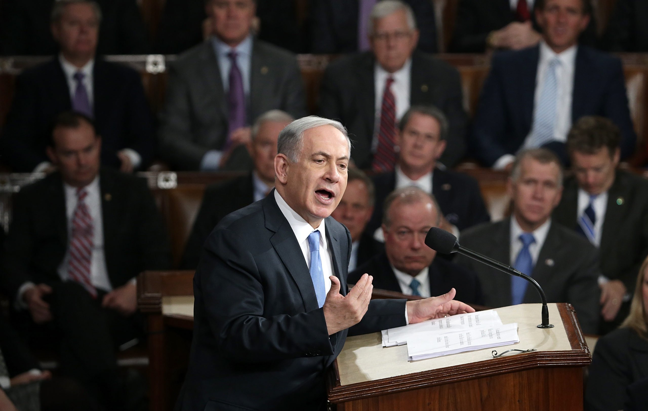 WASHINGTON, DC - MARCH 03: Israeli Prime Minister Benjamin Netanyahu addresses a joint meeting of the United States Congress in the House chamber at the U.S. Capitol March 3, 2015 in Washington, DC. During his speech, Netanyah said, "Today the Jewish people face yet another attempt by another Persian potentate to destroy us." (Photo by Win McNamee/Getty Images)