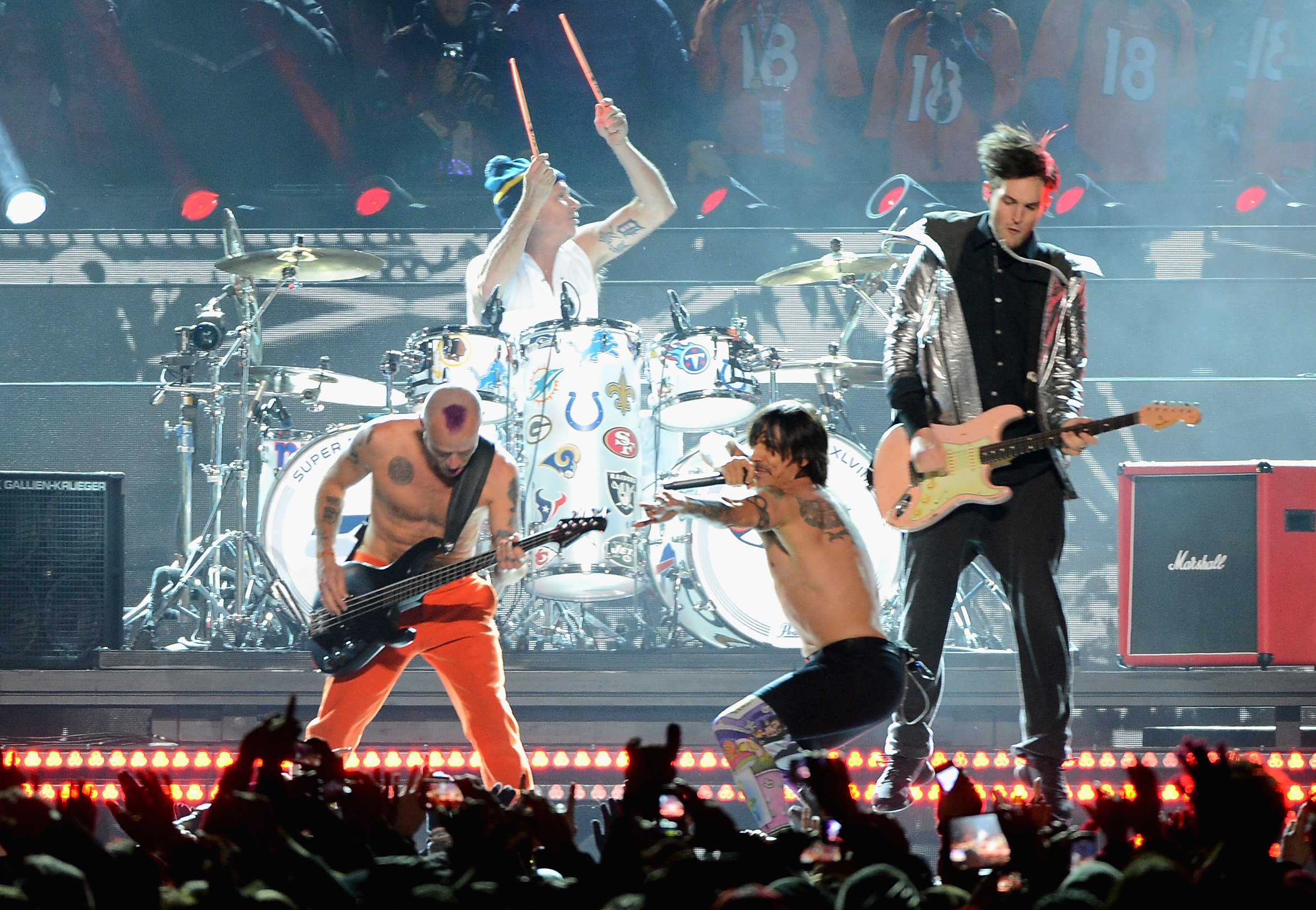 EAST RUTHERFORD, NJ - FEBRUARY 02: Flea, Chad Smith, Anthony Kiedis and Josh Klinghoffer of the Red Hot Chili Peppers perform during the Pepsi Super Bowl XLVIII Halftime Show at MetLife Stadium on February 2, 2014 in East Rutherford, New Jersey. (Photo by Theo Wargo/FilmMagic) Getty Images