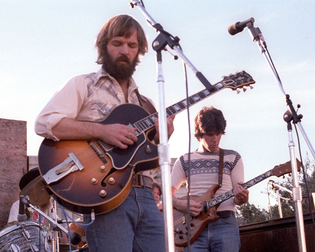 SAN FRANCISCO, UNITED STATES: Jerry Miller (L) and Peter Lewis (R) performing with Moby Grape at San Francisco Civic Center Plaza during February, 1978. (Photo by Clayton Call/Redferns)
