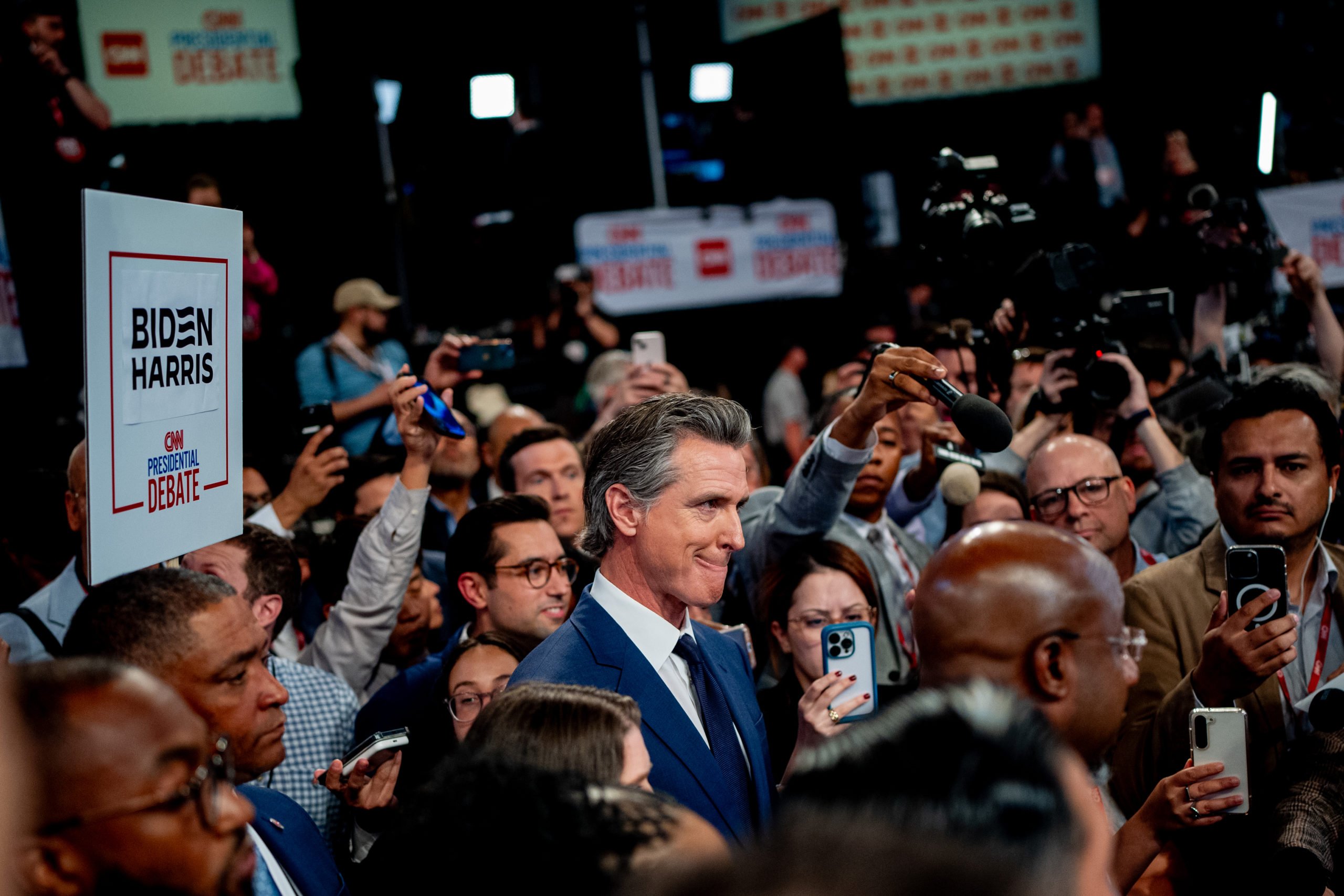 ATLANTA, GEORGIA - JUNE 27: Gov. Gavin Newsom (D-CA) reacts as he and a group of fellow democrats speak to reporters in the spin room following the CNN Presidential Debate between U.S. President Joe Biden and Republican presidential candidate, former U.S. President Donald Trump at the McCamish Pavilion on the Georgia Institute of Technology campus on June 27, 2024 in Atlanta, Georgia. President Biden and former President Trump are faced off in the first presidential debate of the 2024 campaign. (Photo by Andrew Harnik/Getty Images)