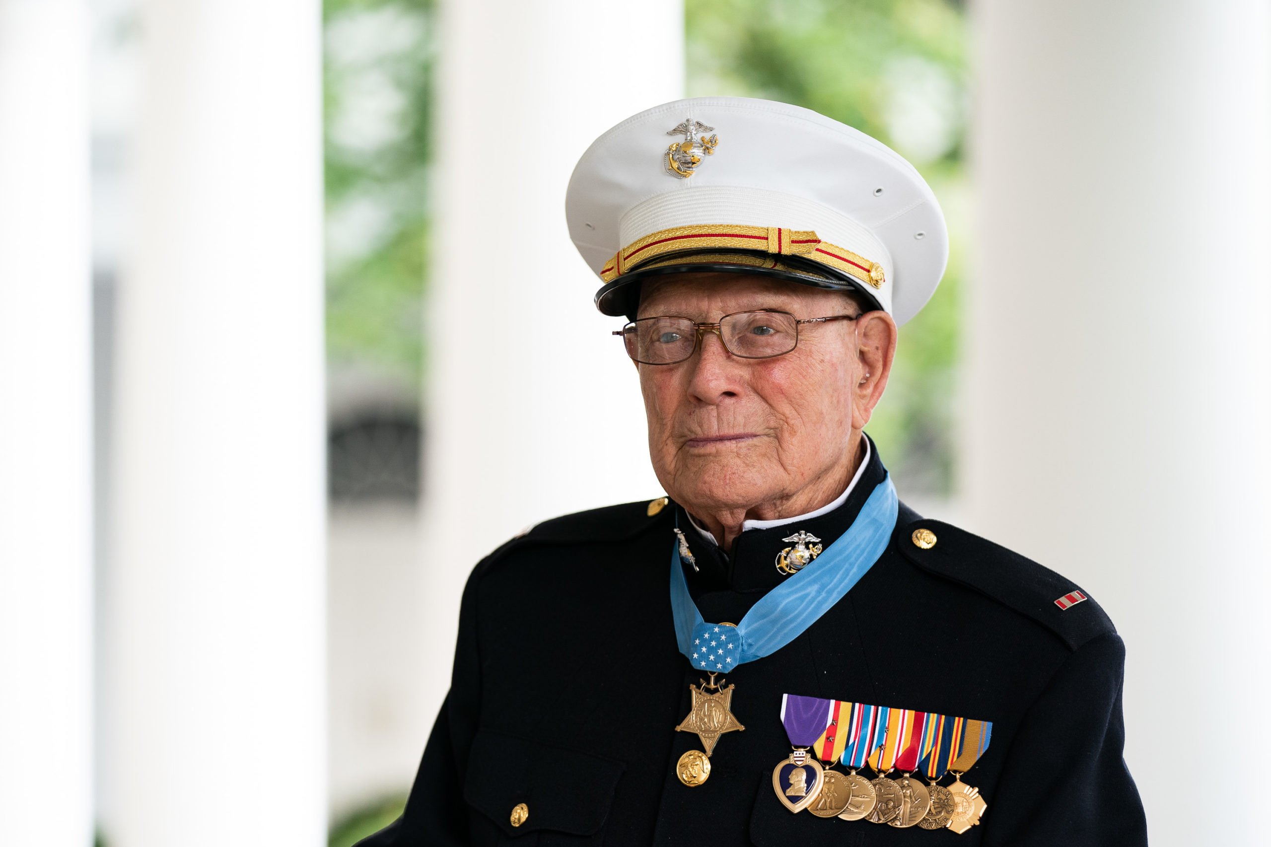 President Donald J. Trump meets with World War II veteran Hershel “Woody” Williams Tuesday, Sept. 2, 2020, in the Oval Office of the White House. (Official White House Photo by Shealah Craighead)