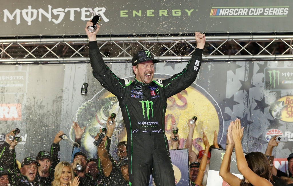 BRISTOL, TN - AUGUST 18: Kurt Busch, driver of the #41 Monster Energy/Haas Automation Ford, celebrates in Victory Lane after winning the Monster Energy NASCAR Cup Series Bass Pro Shops NRA Night Race at Bristol Motor Speedway on August 18, 2018 in Bristol, Tennessee. (Photo by Brian Lawdermilk/Getty Images)