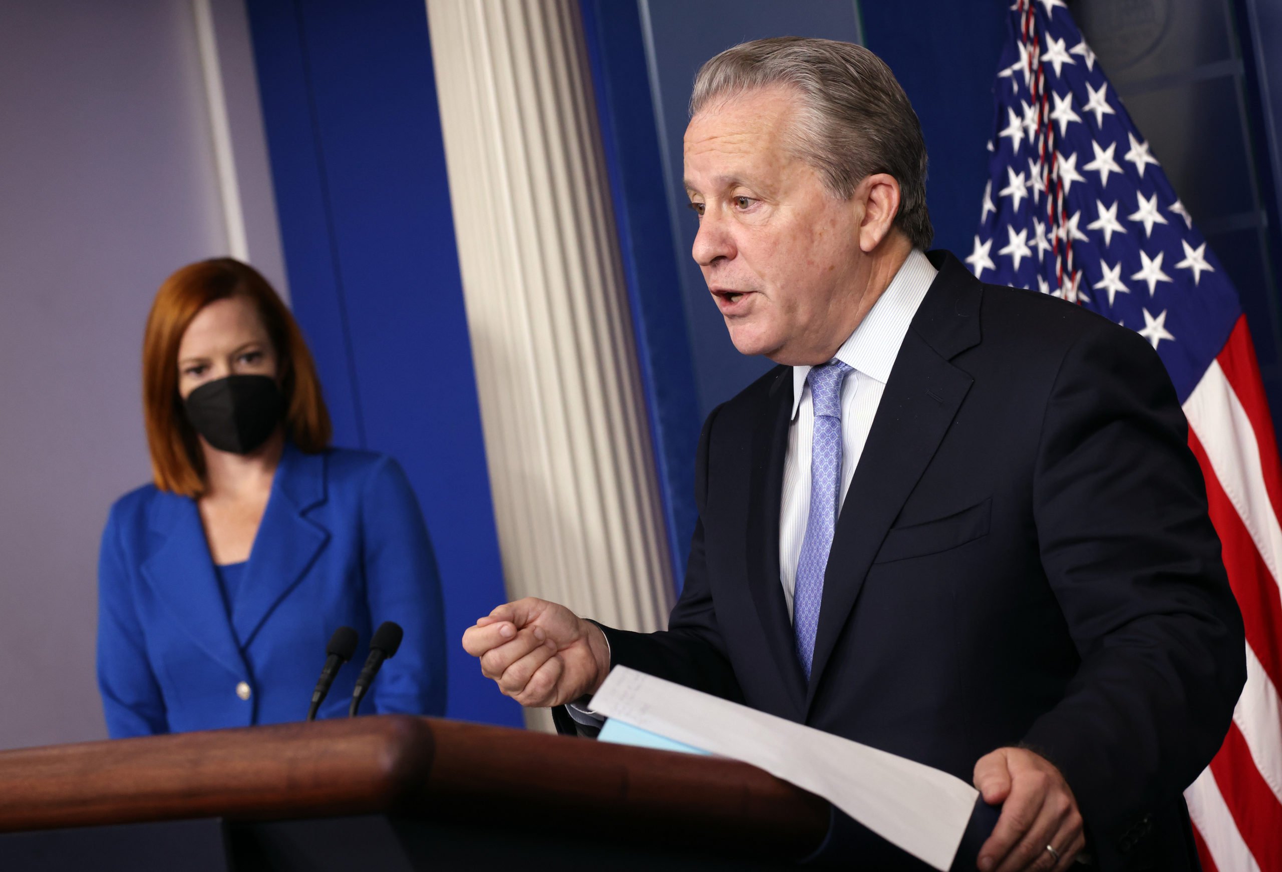 White House American Rescue Plan Coordinator Gene Sperling speaks alongside White House Press Secretary Jen Psaki at a press briefing in the James Brady Press Briefing Room of the White House on August 02, 2021 in Washington, DC. Sperling spoke on the eviction moratorium and the resources available to states to assist renters and landlords. (Photo by Kevin Dietsch/Getty Images)