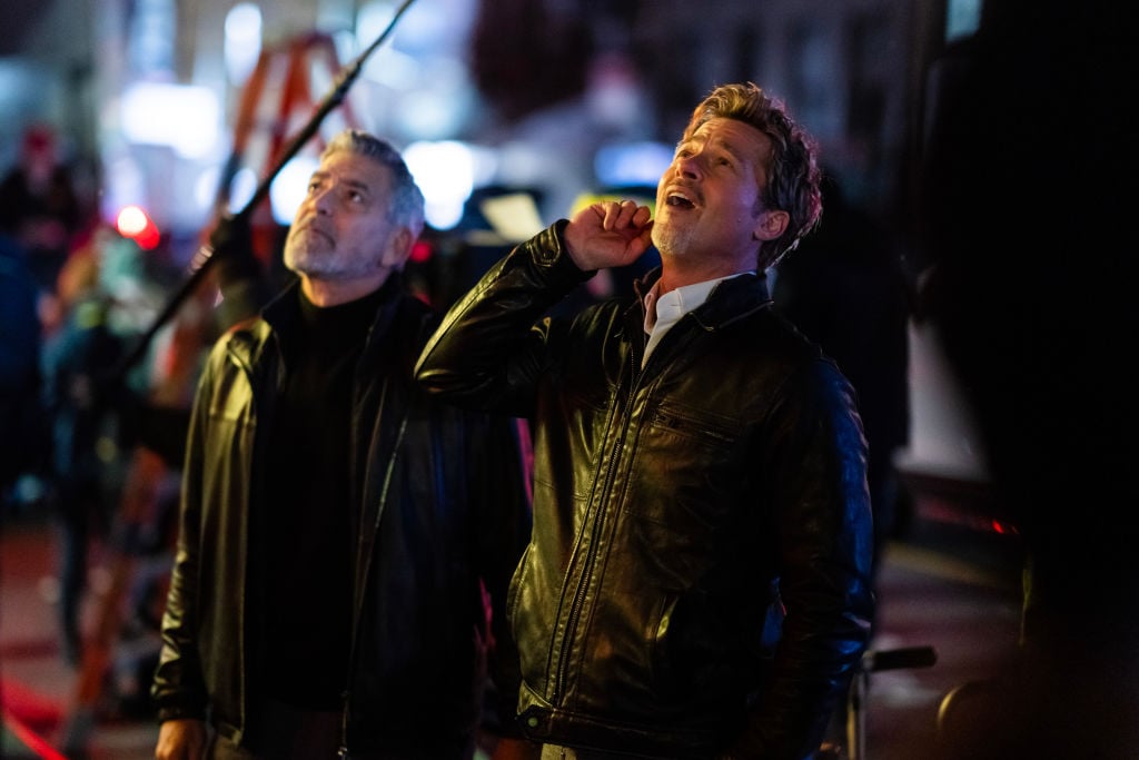 NEW YORK, NEW YORK - FEBRUARY 17: George Clooney (L) and Brad Pitt are seen filming "Wolves" in Chinatown on February 17, 2023 in New York City. (Photo by Gotham/GC Images) Getty Images