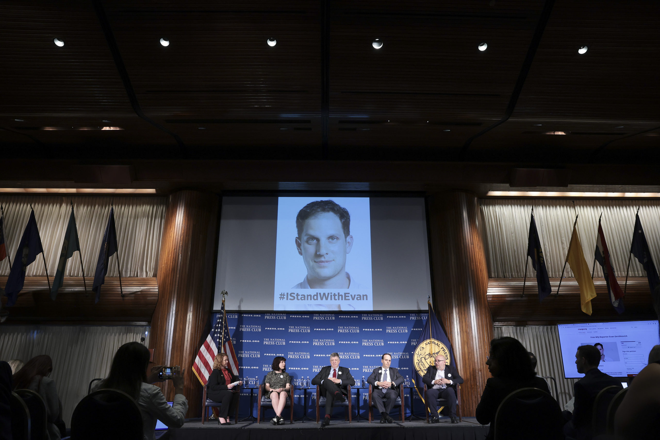 WASHINGTON, DC - JULY 13: Panelists speak during an event highlighting Wall Street Journal reporter Evan Gershkovich's extended detention at the National Press Club on July 13, 2023 in Washington, DC. Evan Gershkovich has been detained by Russian security services since March 29, 2023. From left to right are Eileen O’Reilly, President of the National Press Club; Danielle Gershkovich, sister of Evan Gershkovich; Paul Beckett, Washington Bureau Chief, The Wall Street Journal; Jason Conti, General Counsel, Dow Jones & Co. and Jason Rezaian, Global Opinions columnist, The Washington Post. (Photo by Win McNamee/Getty Images)