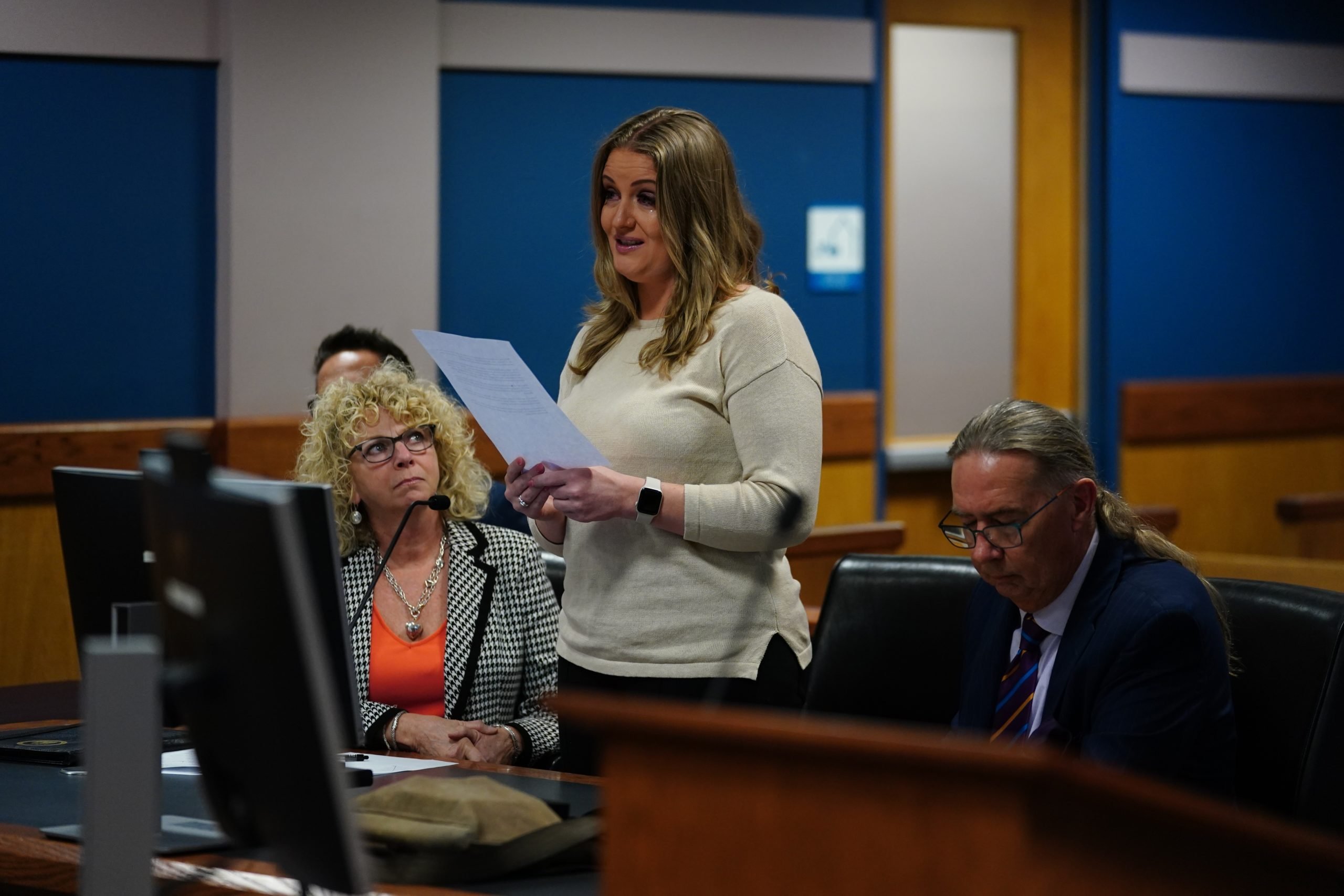 Jenna Ellis reads a statement after pleading guilty to a felony count of aiding and abetting false statements and writings, inside Fulton Superior Court Judge Scott McAfee's Fulton County Courtroom at the Fulton County Courthouse October 24, 2023 in Atlanta, Georgia.(Photo by John Bazemore-Pool/Getty Images)