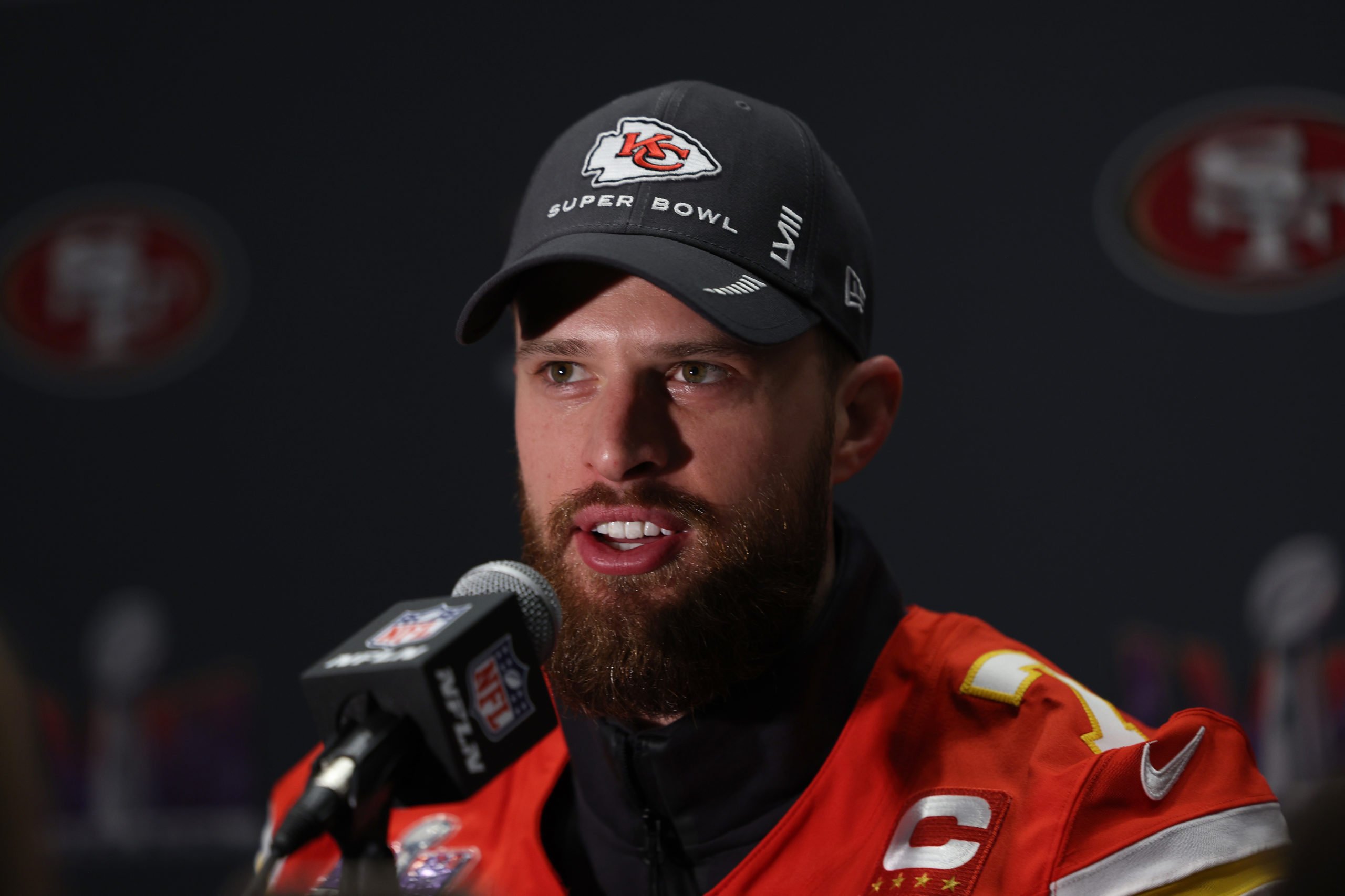 HENDERSON, NEVADA - FEBRUARY 08: Harrison Butker of the Kansas City Chiefs speaks to the media during Kansas City Chiefs media availability ahead of Super Bowl LVIII at Westin Lake Las Vegas Resort and Spa on February 08, 2024 in Henderson, Nevada. Jamie Squire/Getty Images