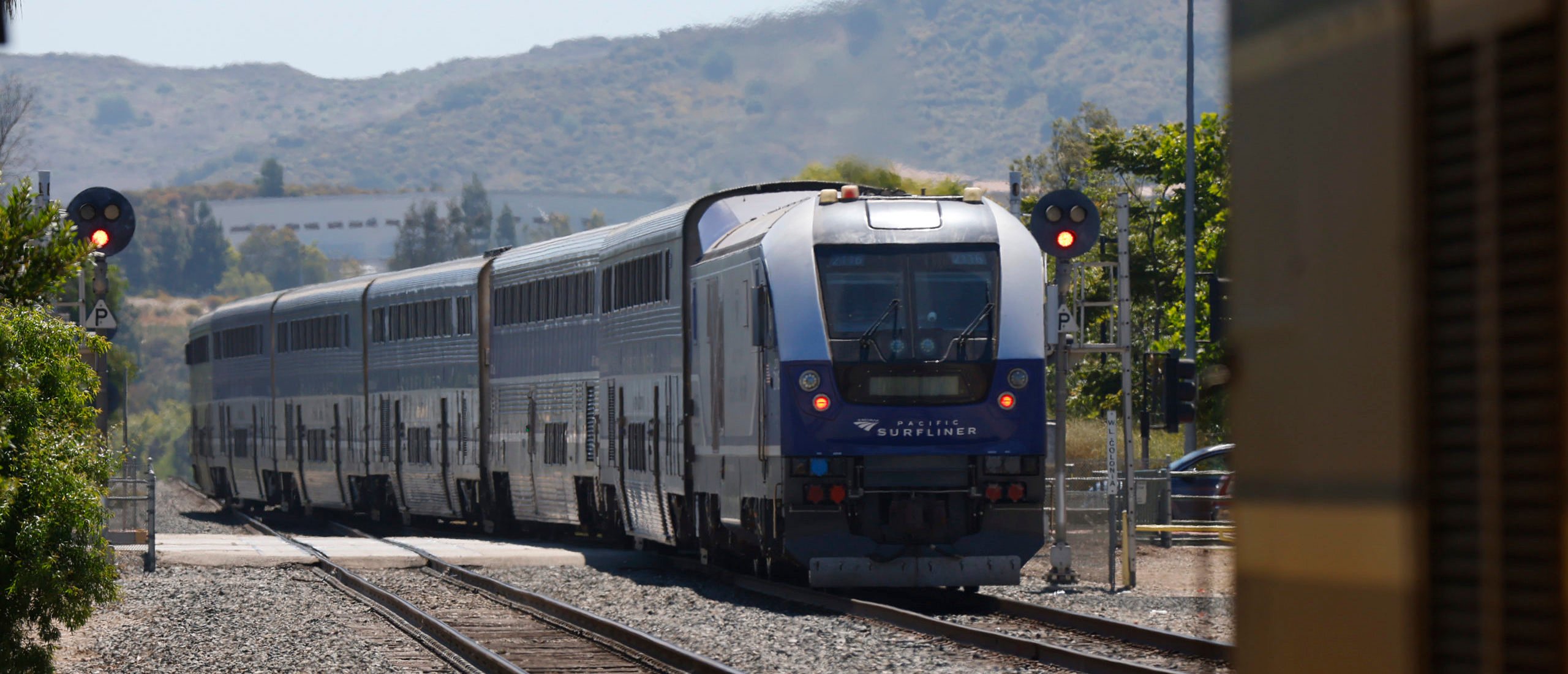 An Amtrak Pacific Surfliner train headed north arrives at the Moorpark Train Station on June 15, 2024 in Moorpark, California. (Photo by Kevin Carter/Getty Images)