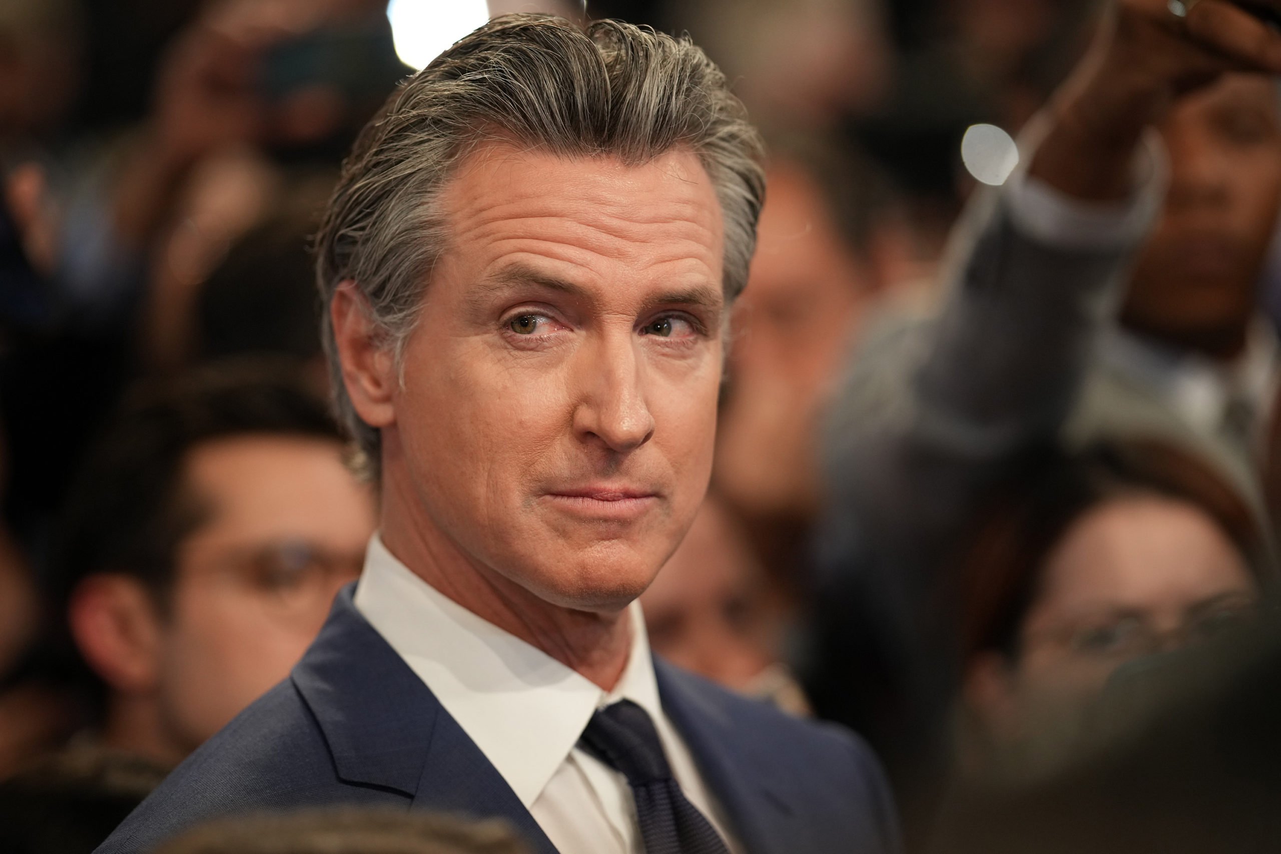 Democratic California Gov. Gavin Newsom speaks to reporters in the spin room following the CNN Presidential Debate between President Joe Biden and Republican presidential candidate, former President Donald Trump at the McCamish Pavilion on the Georgia Institute of Technology campus on June 27, 2024 in Atlanta, Georgia. (Photo by Andrew Harnik/Getty Images)