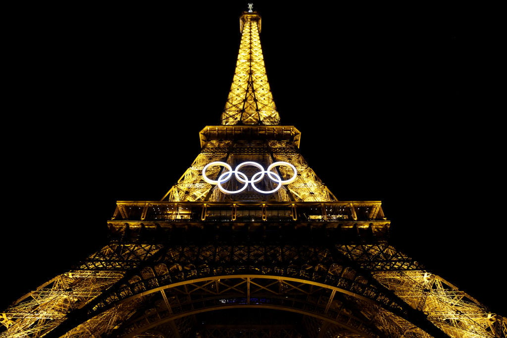 PARIS, FRANCE - JULY 22: A general view of the Eiffel Tower ahead of the Paris 2024 Olympic Games on July 22, 2024 in Paris, France. (Photo by Michael Reaves/Getty Images)