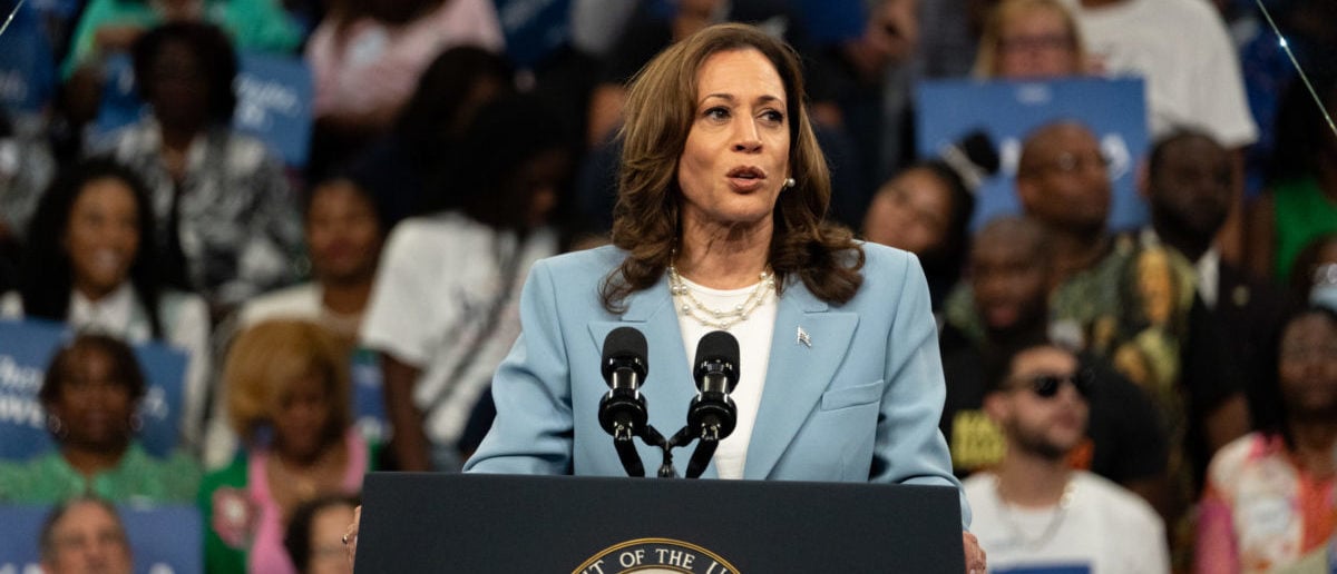ATLANTA, GEORGIA - JULY 30: Democratic presidential candidate, U.S. Vice President Kamala Harris speaks at a campaign rally at the Georgia State Convocation Center on July 30, 2024 in Atlanta, Georgia. Both Harris and Republican presidential nominee, former President Donald Trump plan to campaign in Atlanta this week. (Photo by Megan Varner/Getty Images)