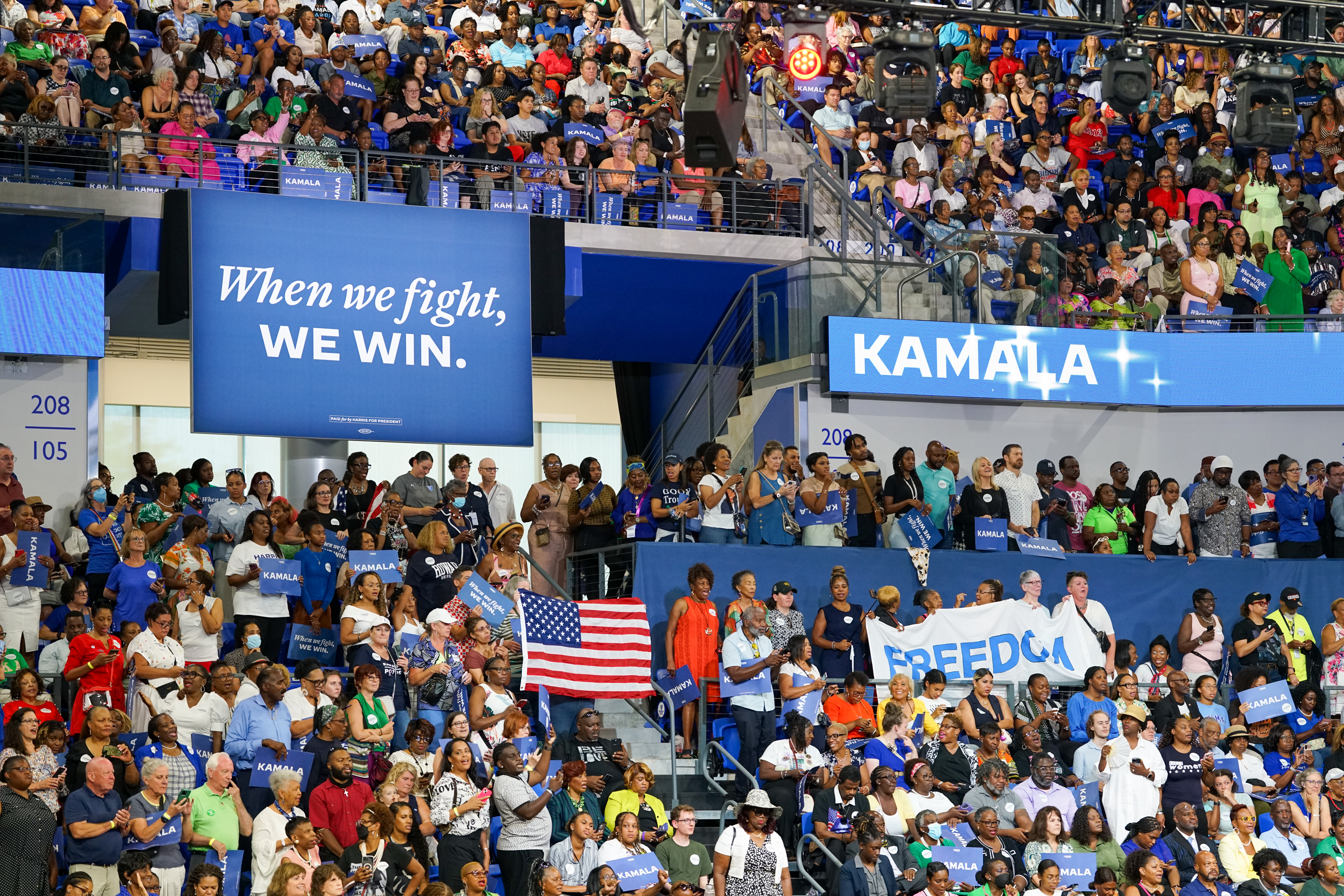 Atmosphere at a campaign rally for Democratic presidential candidate, U.S. Vice President Kamala Harris at the Georgia State Convocation Center on July 30, 2024 in Atlanta, Georgia. (Photo by Julia Beverly/Getty Images)