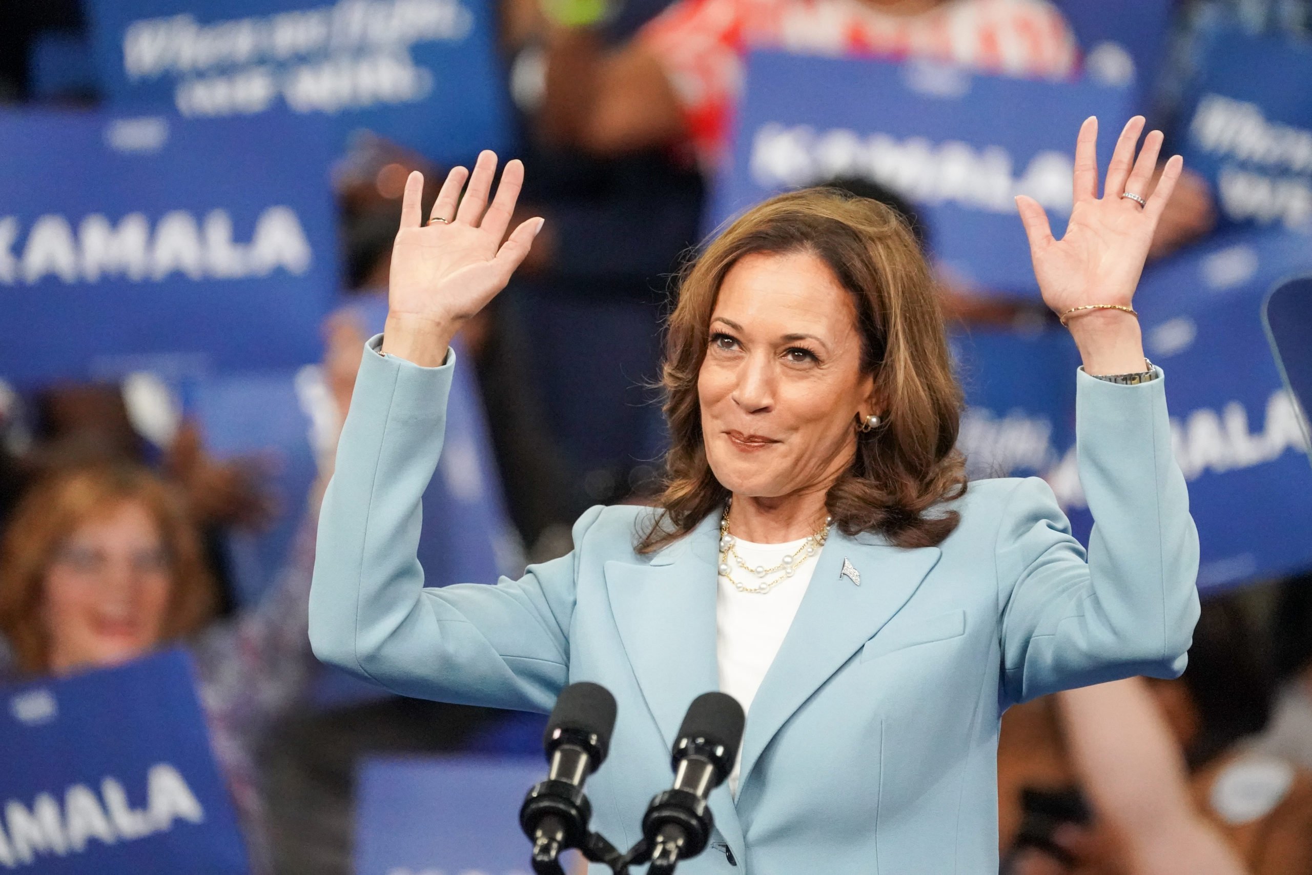 Democratic presidential candidate, U.S. Vice President Kamala Harris speaks onstage at her campaign rally at the Georgia State Convocation Center on July 30, 2024 in Atlanta, Georgia. (Photo by Julia Beverly/Getty Images)