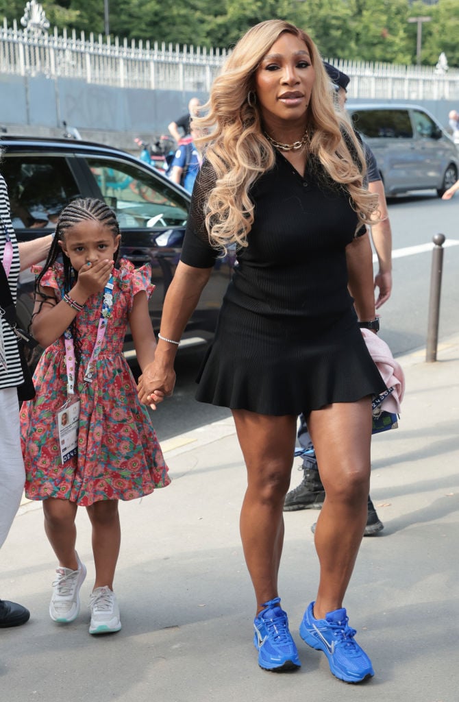 PARIS, FRANCE - JULY 30: Serena Williams and her daughter Olympia Ohanian attend the Artistic Gymnastics Women's Team Final during day four of the Paris 2024 Olympic Games at the Paris Arena on July 30, 2024 in Paris, France. (Photo by Jean Catuffe/Getty Images)