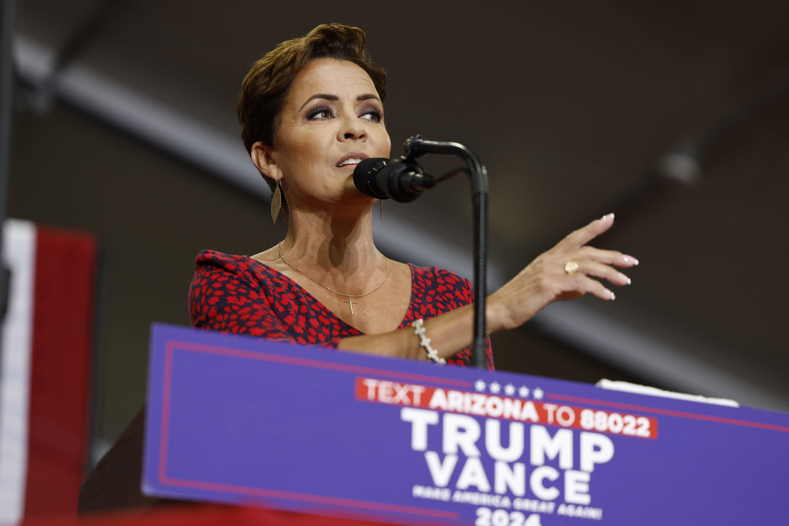 GLENDALE, ARIZONA - JULY 31: Arizona Republican U.S. Senate candidate Kari Lake speaks at a campaign rally for Republican vice presidential nominee U.S. Sen. JD Vance (R-OH) at Arizona Christian University on July 31, 2024 in Glendale, Arizona. Vance has traveled to cities across the Southwest to attend rallies this week. (Photo by Anna Moneymaker/Getty Images)