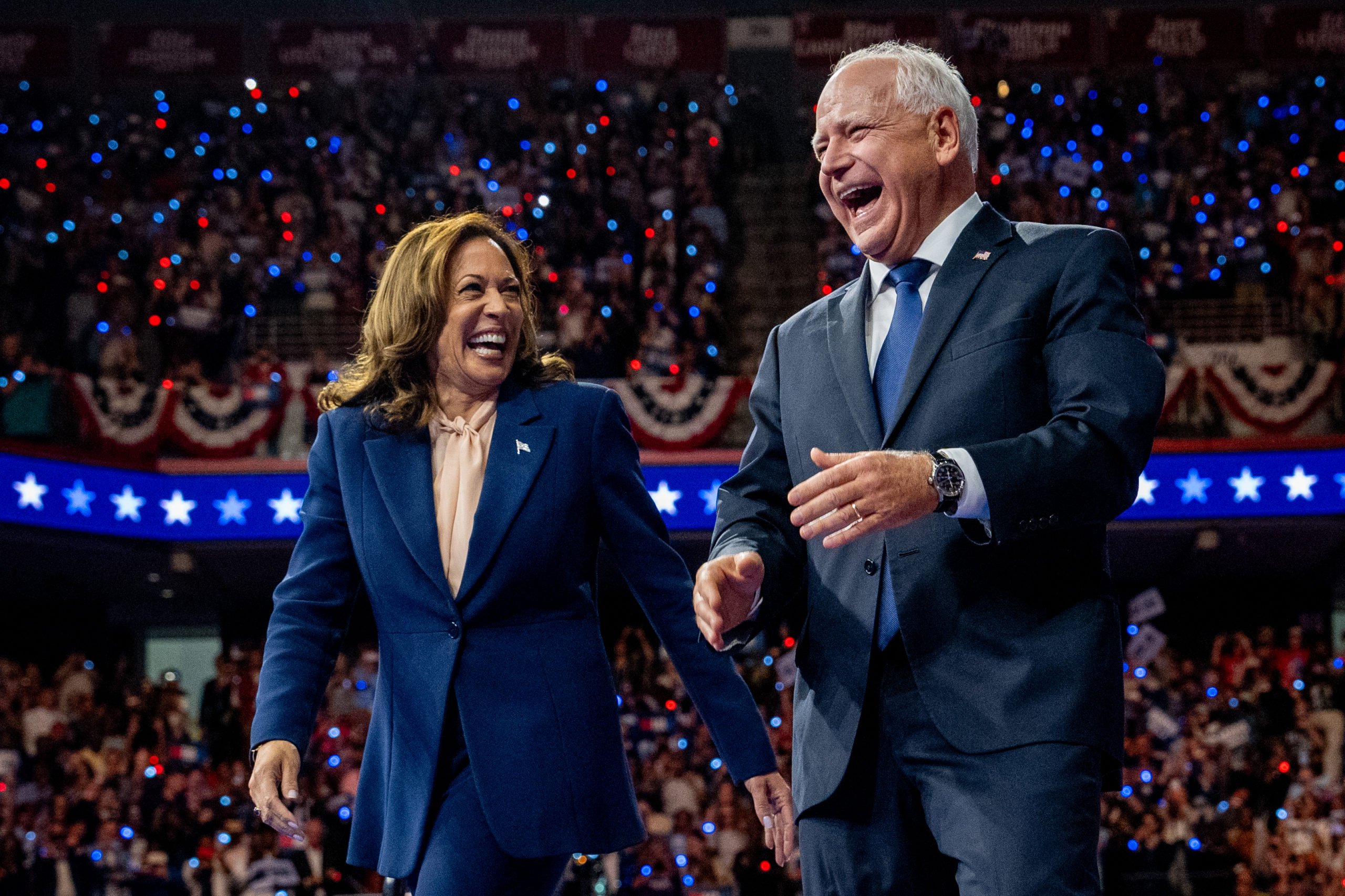 PHILADELPHIA, PENNSYLVANIA - AUGUST 6: Democratic presidential candidate, U.S. Vice President Kamala Harris and Democratic vice presidential nominee Minnesota Gov. Tim Walz walk out on stage together during a campaign event on August 6, 2024 in Philadelphia, Pennsylvania. Harris ended weeks of speculation about who her running mate would be, selecting the 60 year old midwestern governor over other candidates. Andrew Harnik/Getty Images