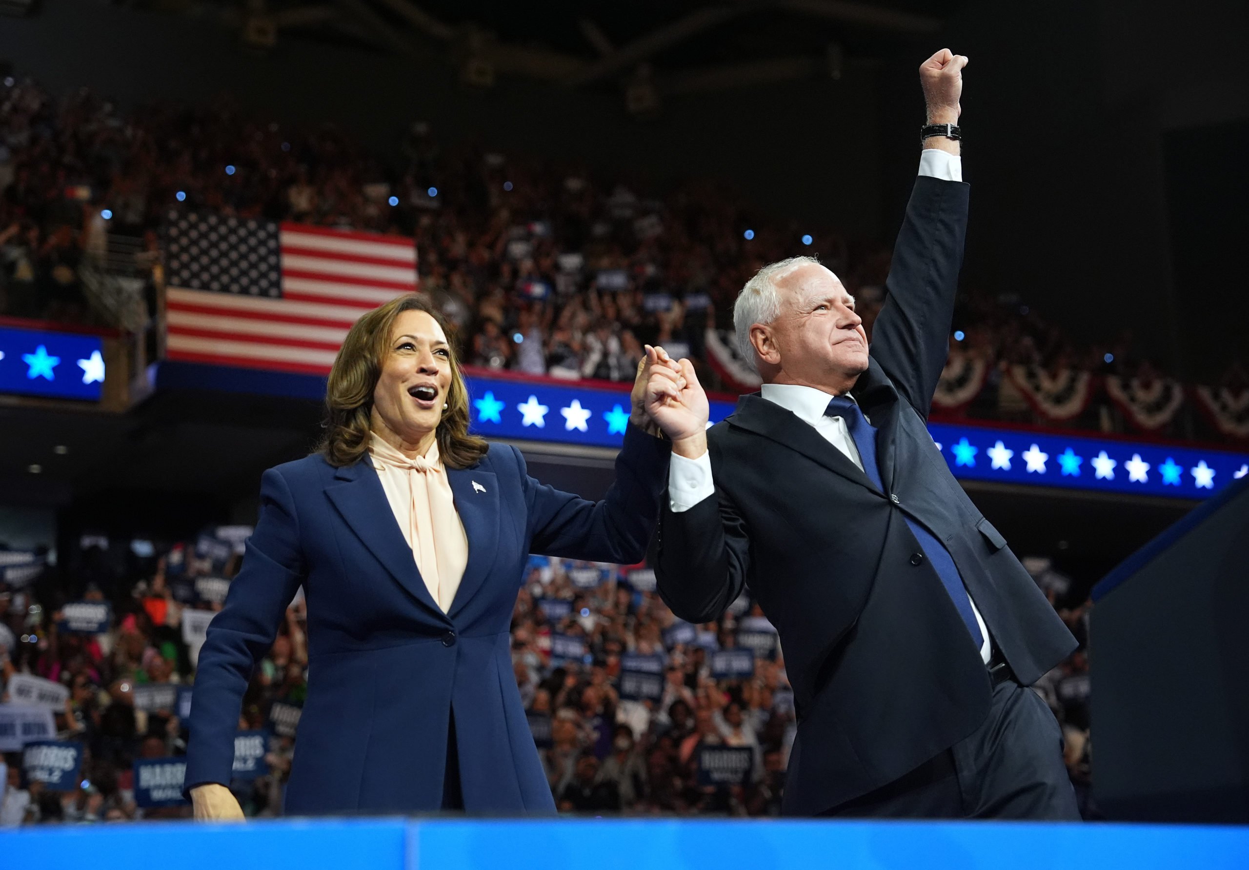 PHILADELPHIA, PENNSYLVANIA - AUGUST 6: Democratic presidential candidate, U.S. Vice President Kamala Harris and Democratic vice presidential candidate Minnesota Gov. Tim Walz greet supporters during a campaign event at Girard College on August 6, 2024 in Philadelphia, Pennsylvania. Harris ended weeks of speculation about who her running mate would be, selecting the 60-year-old midwestern governor over other candidates. (Photo by Andrew Harnik/Getty Images)