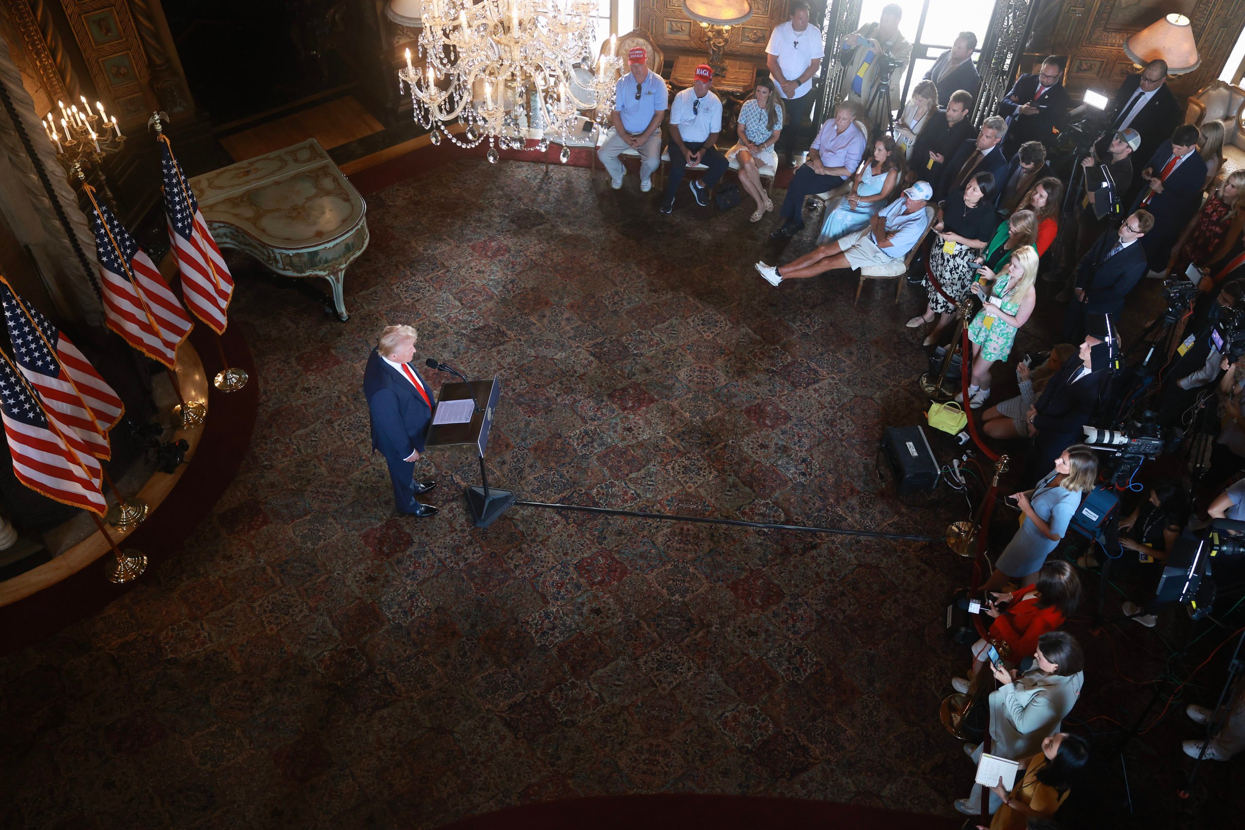 Republican presidential candidate former President Donald Trump speaks during a press conference at his Mar-a-Lago estate on August 08, 2024, in Palm Beach, Florida. Polls currently show a close race between Trump and Democratic presidential candidate, U.S. Vice President Kamala Harris. (Photo by Joe Raedle/Getty Images)