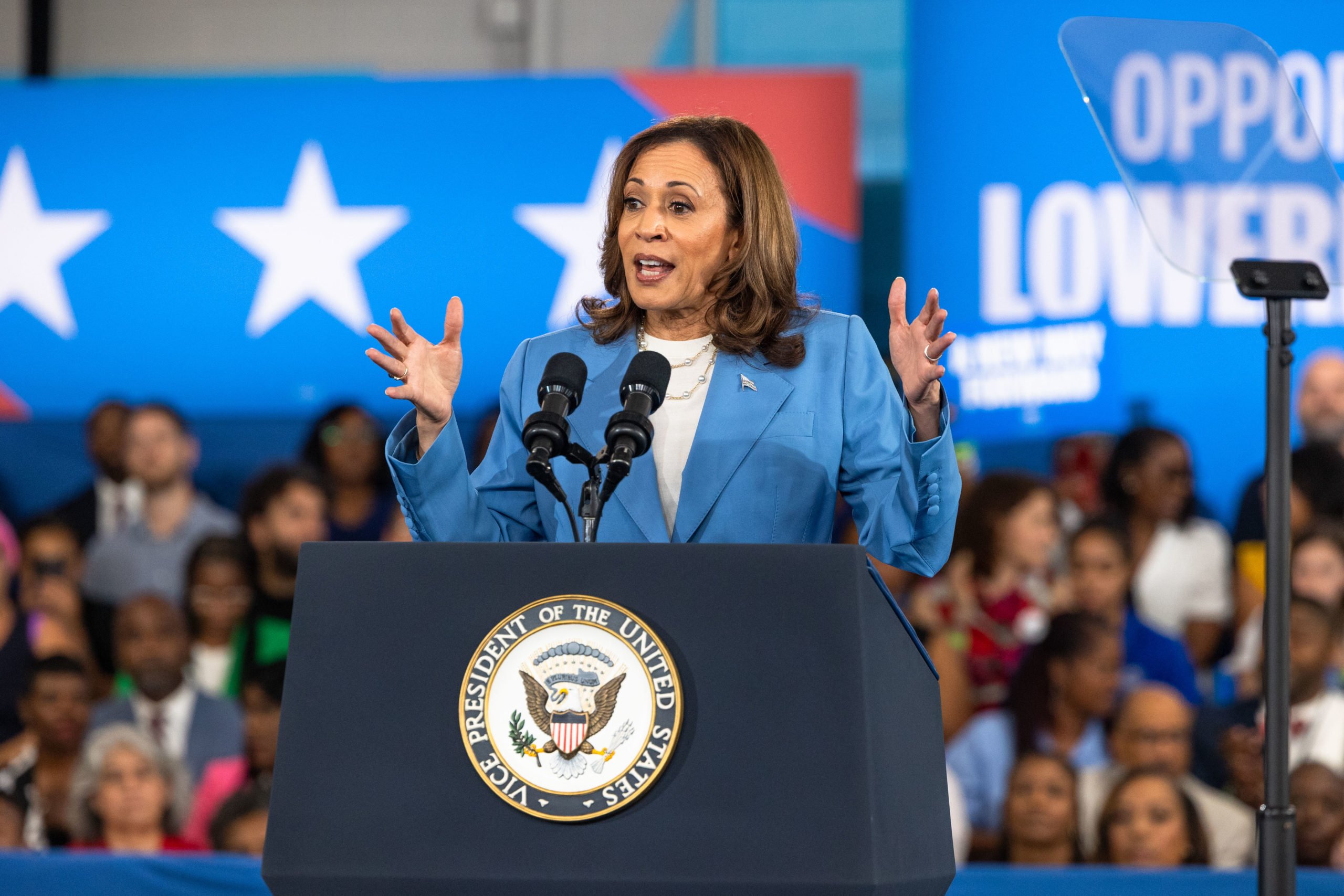 RALEIGH, NORTH CAROLINA - AUGUST 16: Democratic U.S. presidential candidate Vice President Kamala Harris speaks on her policy platform, including improving the cost of living for all Americans, at the Hendrick Center For Automotive Excellence on August 16, 2024 in Raleigh, North Carolina. This is the candidate's first major policy speech since accepting the democratic party nomination.(Photo by Grant Baldwin/Getty Images)