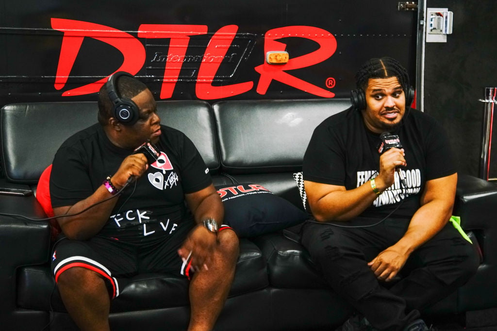 Rapper BeatKing (Justin Riley, right) interviews with DTLR radio backstage during Hot 107.9's Birthday Bash 25 at Center Parc Stadium on July 17, 2021 in Atlanta, Georgia. (Photo by Julia Beverly/Getty Images)