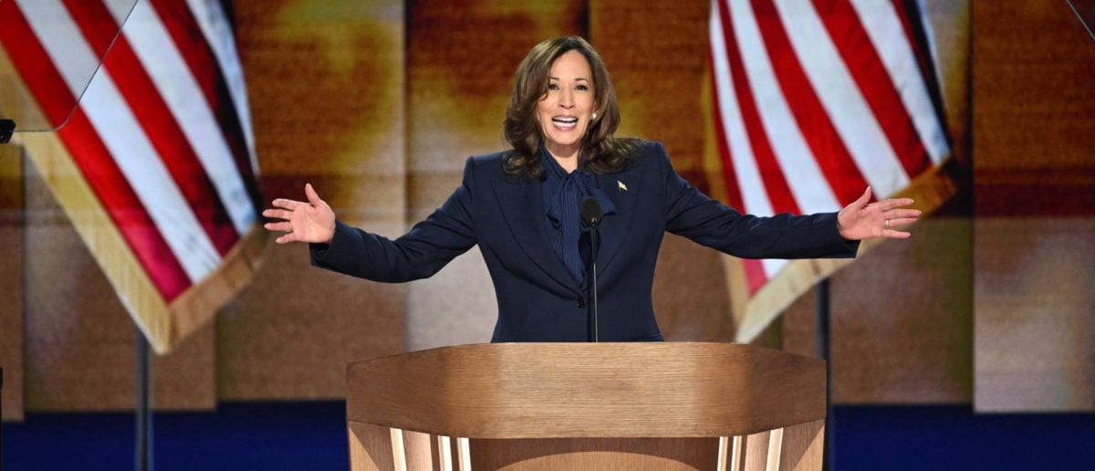 TOPSHOT - US Vice President and Democratic presidential candidate Kamala Harris speaks on the fourth and last day of the Democratic National Convention (DNC) at the United Center in Chicago, Illinois, on August 22, 2024. Vice President Kamala Harris will formally accept the party's nomination for president today at the DNC which ran from August 19-22 in Chicago. (Photo by MANDEL NGAN/AFP via Getty Images)