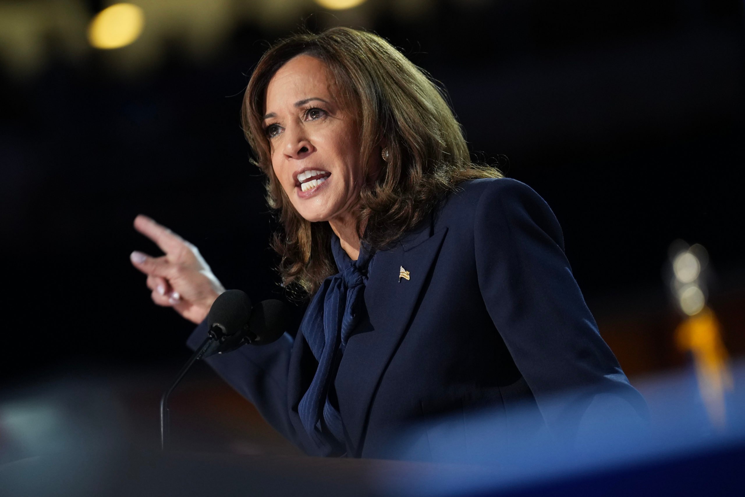 CHICAGO, ILLINOIS - AUGUST 22: Democratic presidential candidate, U.S. Vice President Kamala Harris speaks on stage during the final day of the Democratic National Convention at the United Center on August 22, 2024 in Chicago, Illinois. Delegates, politicians, and Democratic Party supporters are gathering in Chicago, as current Vice President Kamala Harris is named her party's presidential nominee. The DNC takes place from August 19-22. (Photo by Andrew Harnik/Getty Images)