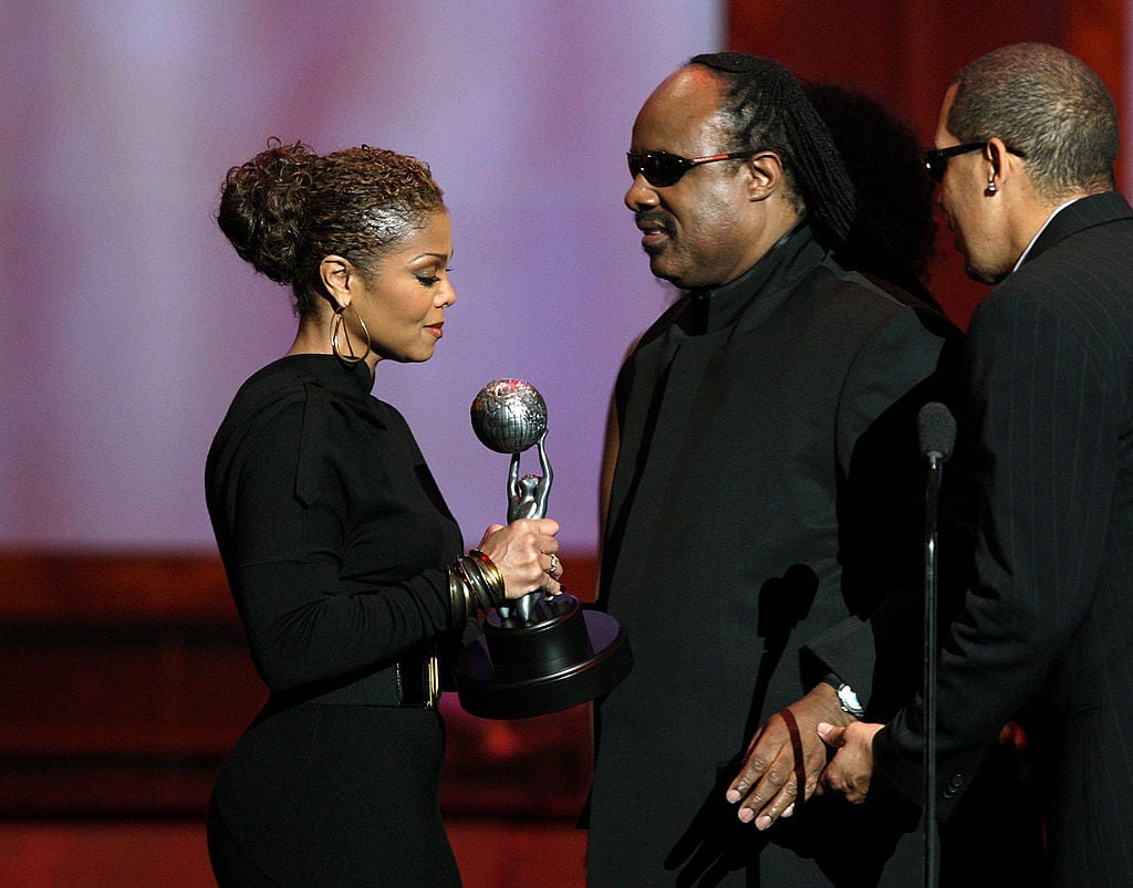 LOS ANGELES, CA - FEBRUARY 14: Singer/actress Janet Jackson presents singer Stevie Wonder the Image Awards Hall of Fame award onstage during the 39th NAACP Image Awards held at the Shrine Auditorium on February 14, 2008 in Los Angeles, California. (Photo by Jesse Grant/Getty Images)