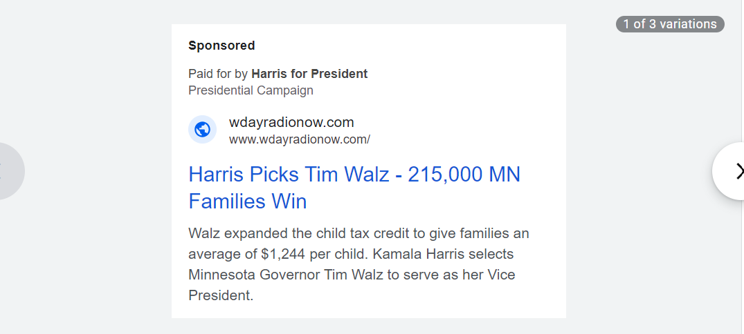 A Harris campaign ad shows a manipulated headline from WDAY Radio. Screenshot/Google Ads Transparency Center