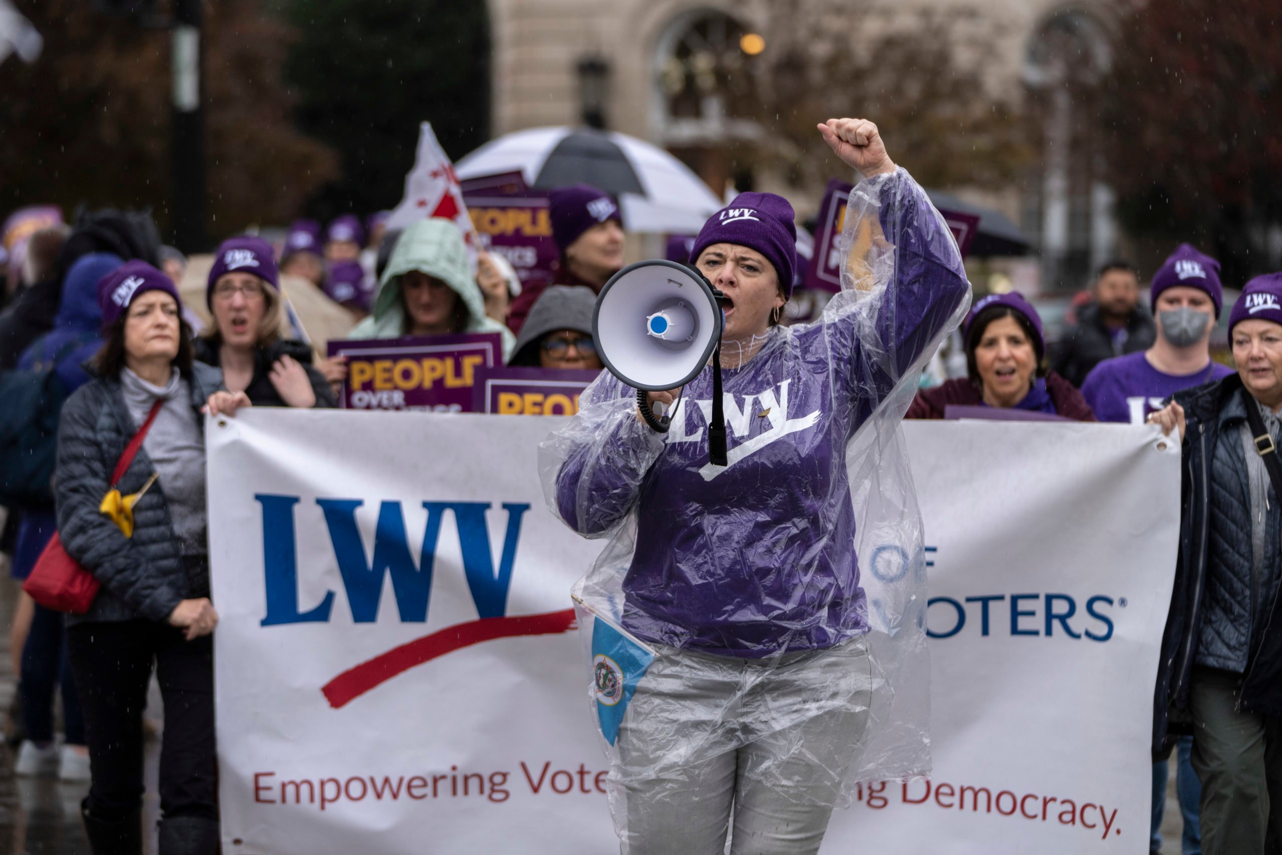 WASHINGTON, DC - DECEMBER 7: Members of the League of Women voters rally for voting rights outside the U.S. Supreme Court to hear oral arguments in the Moore v. Harper case on December 7, 2022 in Washington, DC. The Moore v. Harper case stems from the redrawing of congressional maps by the North Carolina GOP-led state legislature following the 2020 Census. The map was struck down by the state supreme court for partisan gerrymandering that violated the state constitution. Also at issue in the case is the independent state legislature theory, a theory that declares state legislatures should have primary authority for setting rules of federal elections with few checks and balances. (Photo by Drew Angerer/Getty Images)