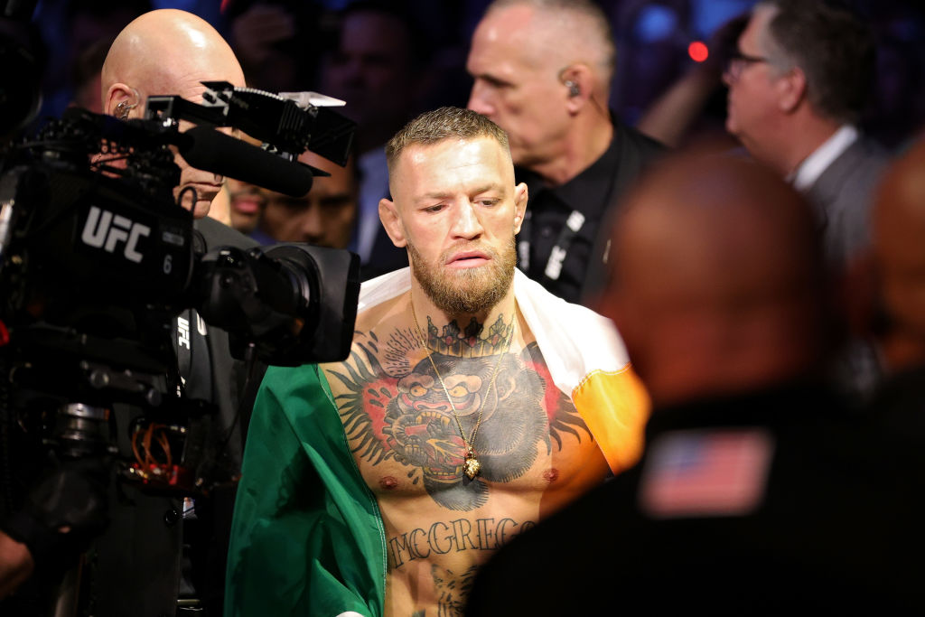 LAS VEGAS, NEVADA - JULY 10: Conor McGregor of Ireland walks through the arena before his lightweight bought against Dustin Poirier during UFC 264: Poirier v McGregor 3 at T-Mobile Arena on July 10, 2021 in Las Vegas, Nevada. (Photo by Stacy Revere/Getty Images)