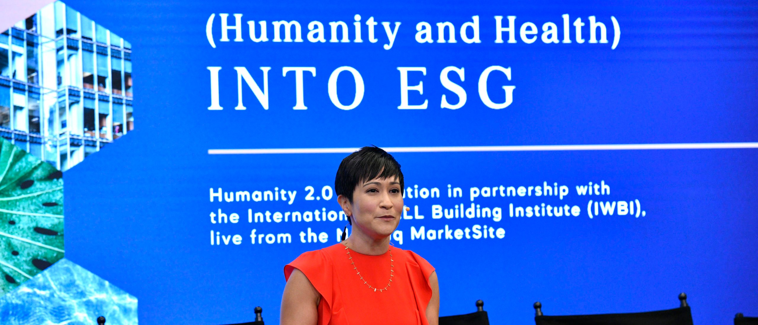 Rachel Hodgdon, President & CEO of the International WELL Building Institute, speaks as Humanity 2.0 Foundation and International WELL Building Institute present Putting "H" (Humanity & Health) Into ESG at NASDAQ MarketSite on February 28, 2022 in New York City. (Photo by Eugene Gologursky/Getty Images for Humanity 2.0 Foundation )