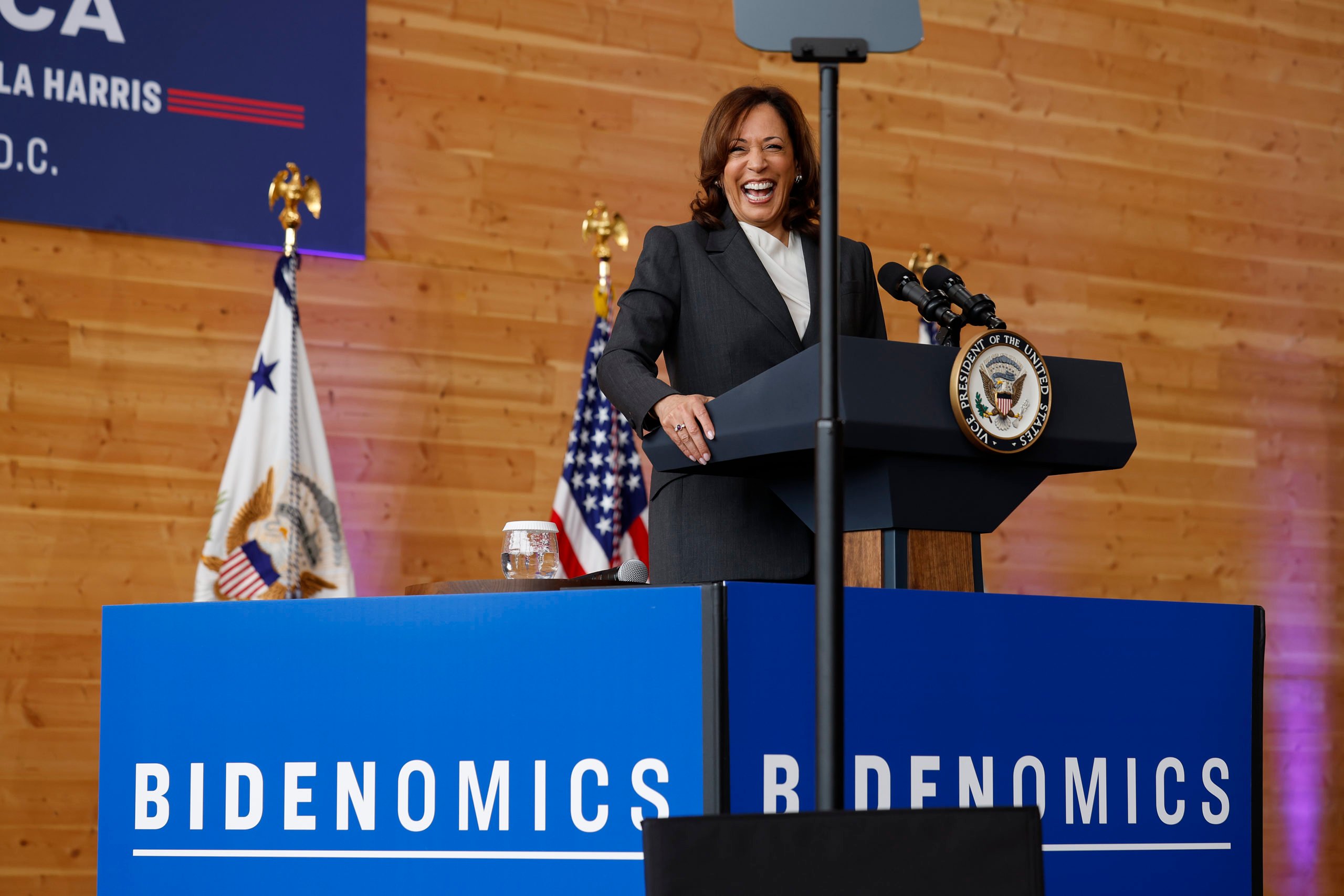 U.S. Vice President Kamala Harris delivers remarks while visiting Sycamore & Oak, a minority-owned retail village that houses other local small businesses, on August 04, 2023 in Washington, DC. Harris announced that 43 non-profit, community-based organizations, private sector entities and institutions of higher education will receive $125 million American Rescue Plan-funded Capital Readiness Program (CRP) awards, aimed at helping "underserved entrepreneurs launch and scale their small businesses—a key pillar of Bidenomics," according to the White House. (Photo by Chip Somodevilla/Getty Images)