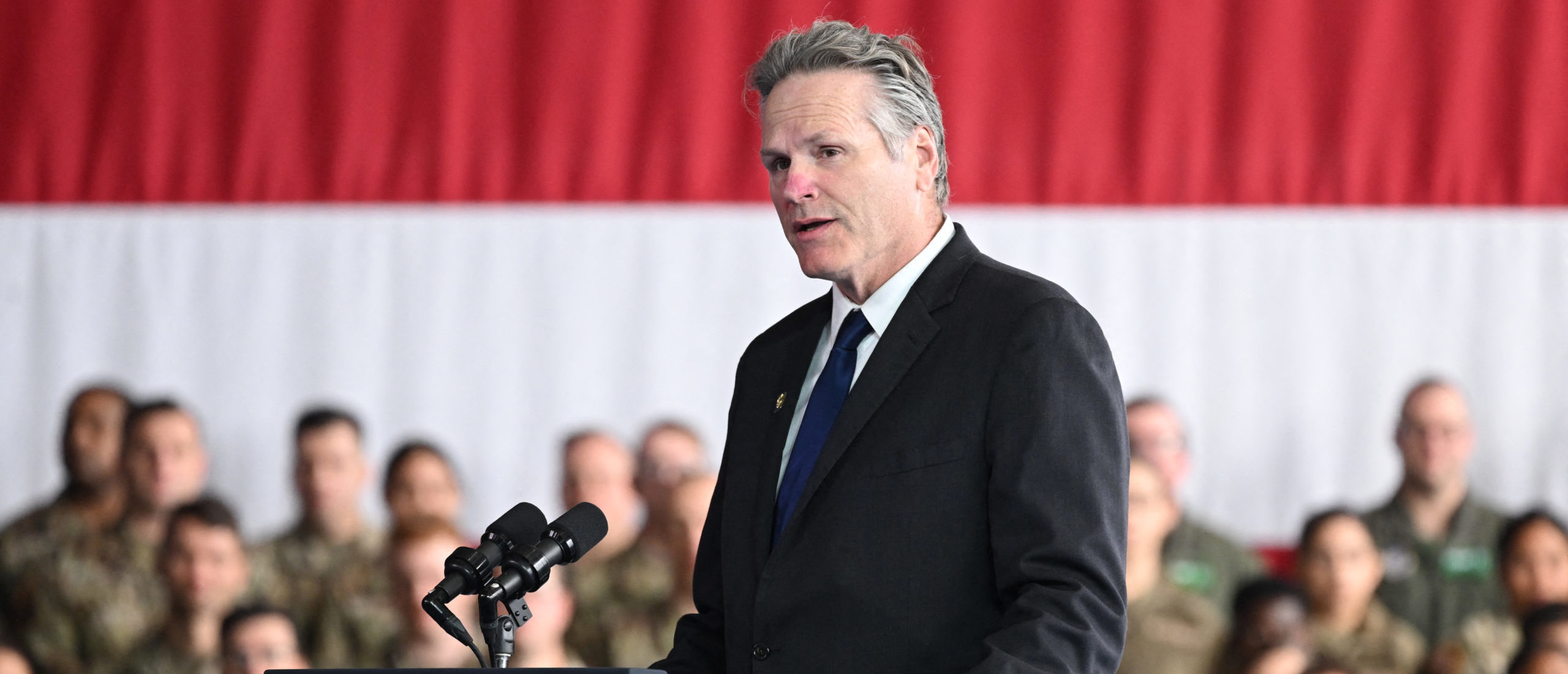 Alaska Governor Mike Dunleavy delivers remarks to service members, first responders, and their families on the 22nd anniversary of the September 11, 2001, terrorist attacks, at Joint Base Elmendorf-Richardson in Anchorage, Alaska, on September 11, 2023. (Photo by SAUL LOEB / AFP) (Photo by SAUL LOEB/AFP via Getty Images)