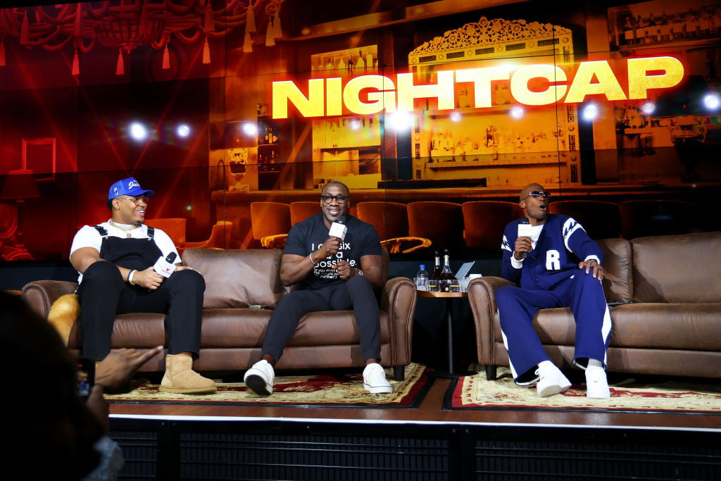 LAS VEGAS, NEVADA - FEBRUARY 08: (L-R) Orlando Brown Jr., Shannon Sharpe, and Chad Ochocinco speak onstage during The Volume - Nightcap Live Show with Shannon Sharpe and Chad Ochocinco at Redtail on February 08, 2024 in Las Vegas, Nevada. (Photo by Joe Scarnici/Getty Images for The Volume)