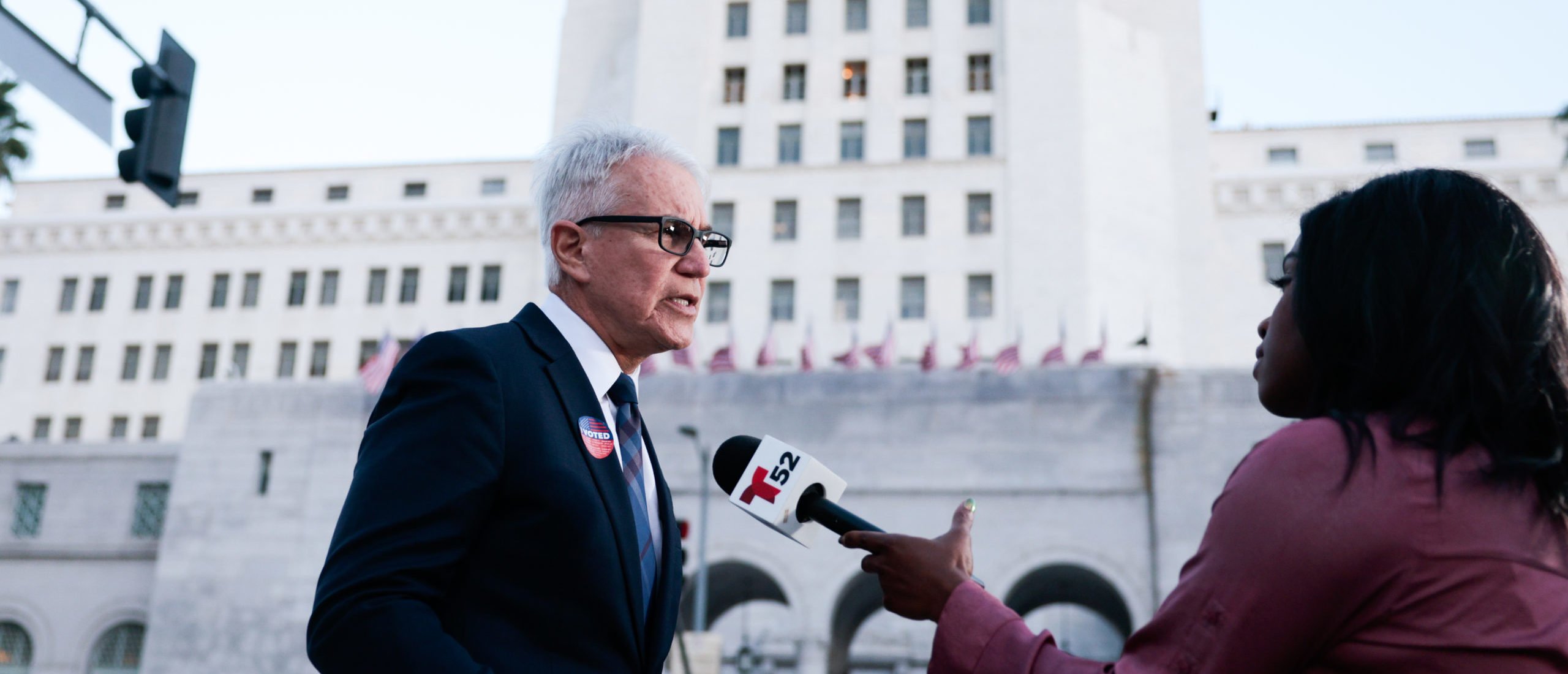 Los Angeles County district attorney George Gascon meets with media in Grand Park on Tuesday, March 5, 2024 in Los Angeles, CA. (Myung Chun / Los Angeles Times via Getty Images)