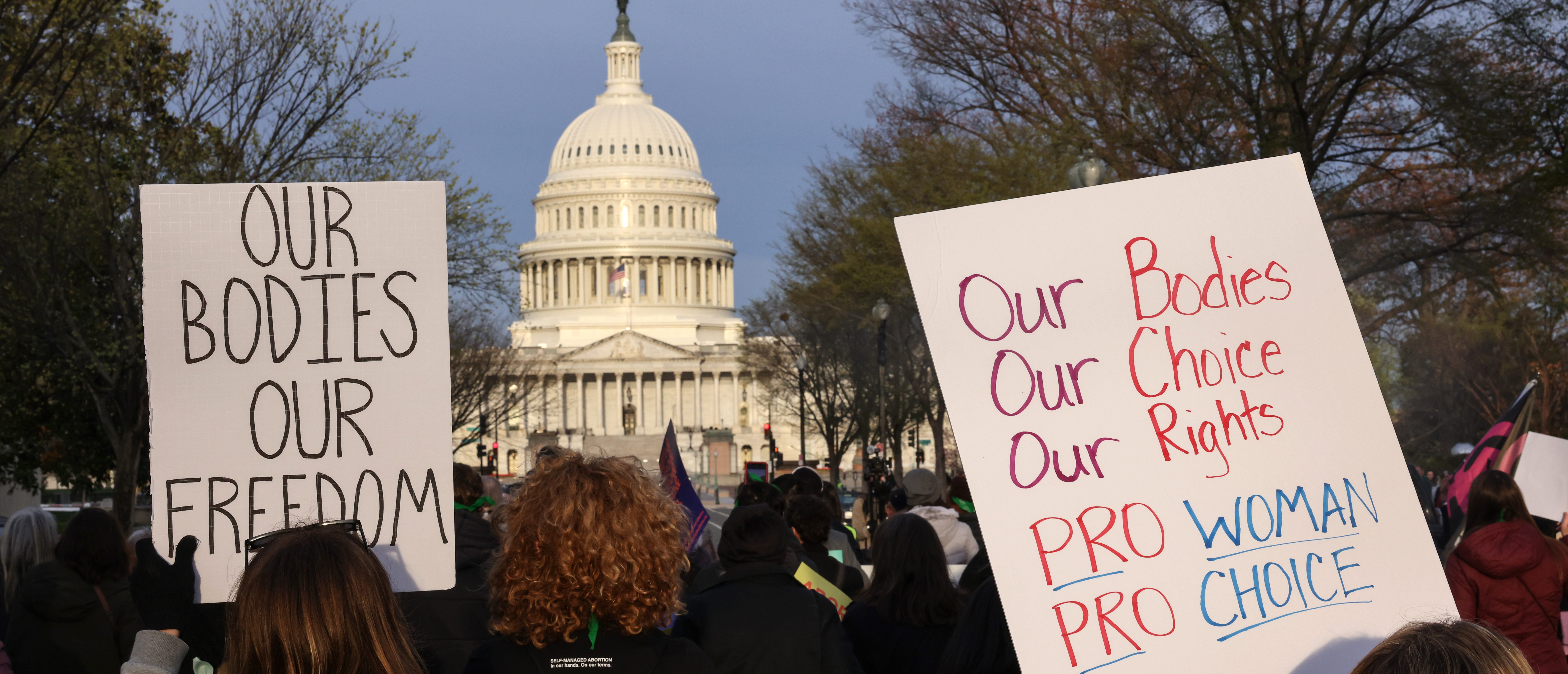 WASHINGTON, DC - MARCH 26: Demonstrators march towards the US Capitol and the Supreme Court during the "Bans Off Our Mifepristone" action organized by the Woman's March on March 26, 2024 in Washington, DC. (Photo by Jemal Countess/Getty Images for Women's March)