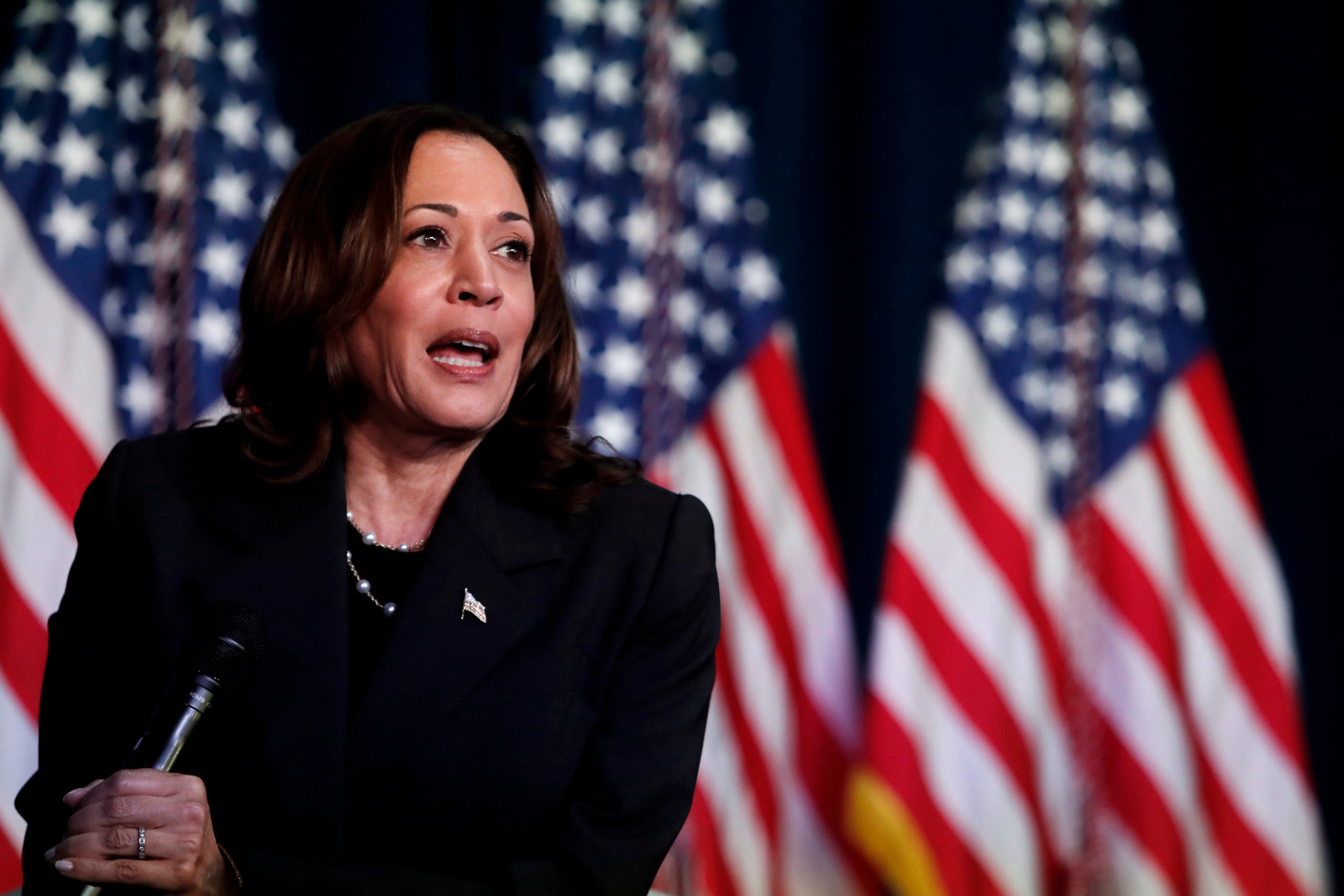 KALAMAZOO, MICHIGAN - JULY 17: US Vice President Kamala Harris speaks at a moderated conversation with former Trump administration national security official Olivia Troye and former Republican voter Amanda Stratton on July 17, 2024 in Kalamazoo, Michigan. Harris' visit, following the attempted assassination of former President Trump, makes this her fourth trip to Michigan this year and seventh visit since taking office. (Photo by Chris duMond/Getty Images)