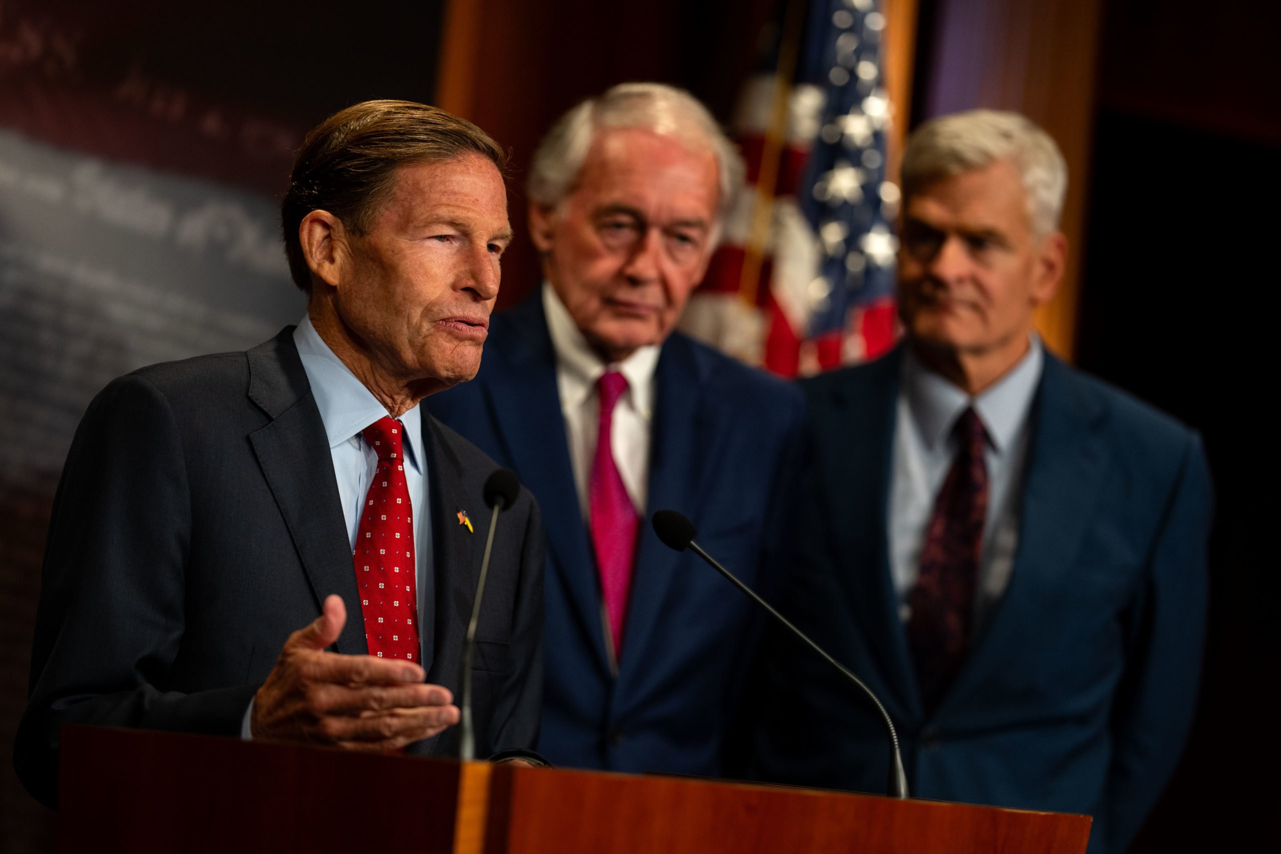 WASHINGTON, DC - JULY 30: U.S. Sen. Richard Blumenthal (D-CT) speaks as Sens. Ed Markey (D-MA) and Bill Cassidy (R-LA) look on, during a news conference at the Capitol on July 30, 2024 in Washington, DC. The Kids Online Safety Act (KOSA) and Children's Online Privacy Protection Act (COPPA) 2.0, which create regulations for tech and social media companies regarding minors' online features and data use, passed 91-3 in the Senate. (Photo by Kent Nishimura/Getty Images)