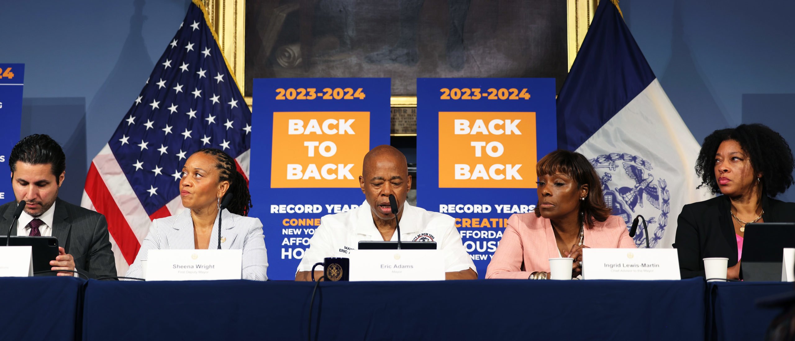 NEW YORK, NEW YORK - JULY 30: Mayor Eric Adams (C) holds an in-person media availability along with members of his staff at City Hall on July 30, 2024 in New York City. NYC Comptroller Brad Lander announced he will also challenge Adams in the 2025 primary, joining former Comptroller Scott Stringer and State Senator Zellnor Myrie. (Photo by Michael M. Santiago/Getty Images)