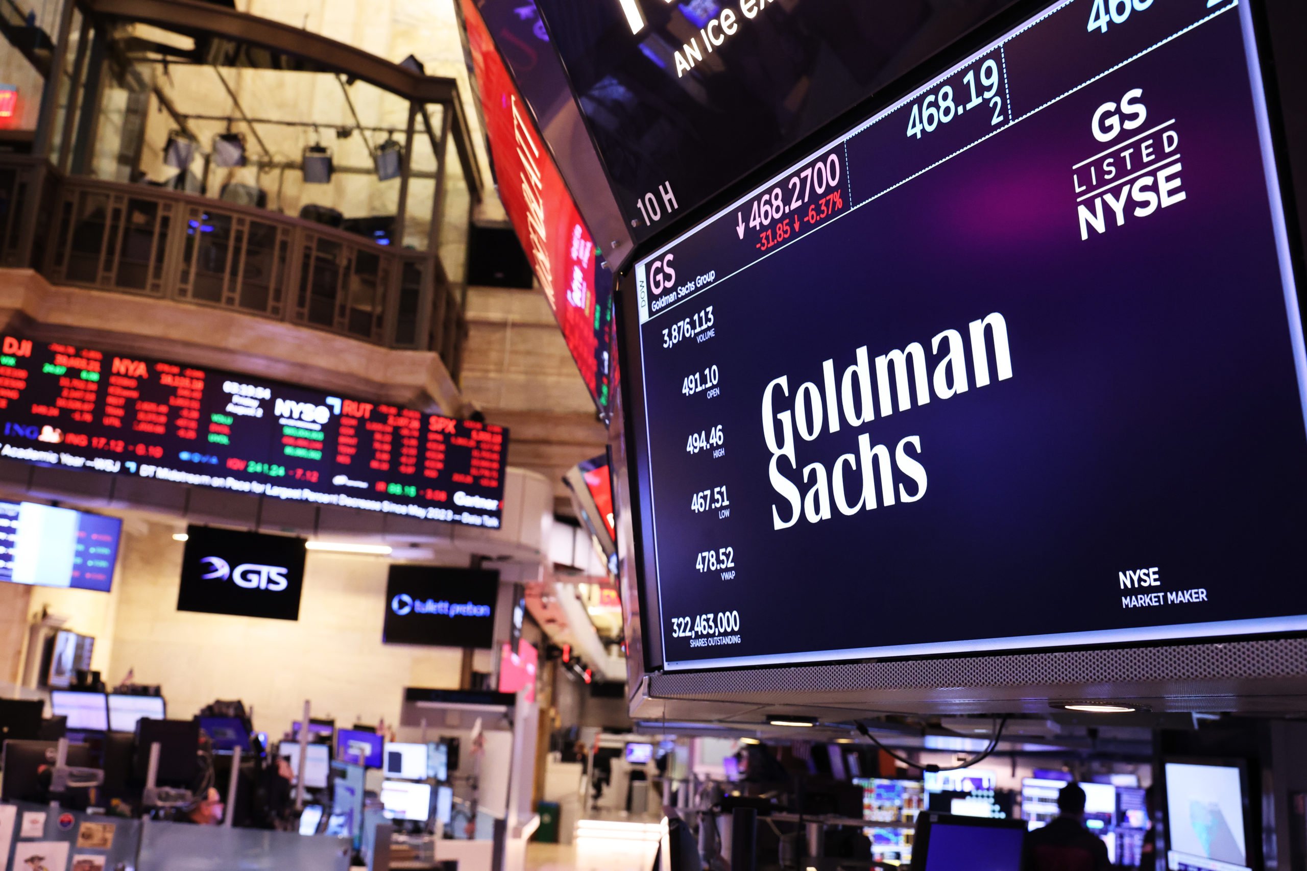 The Goldman Sachs company logo is displayed on a screen at the New York Stock Exchange during afternoon trading on August 02, 2024 in New York City. (Photo by Michael M. Santiago/Getty Images)