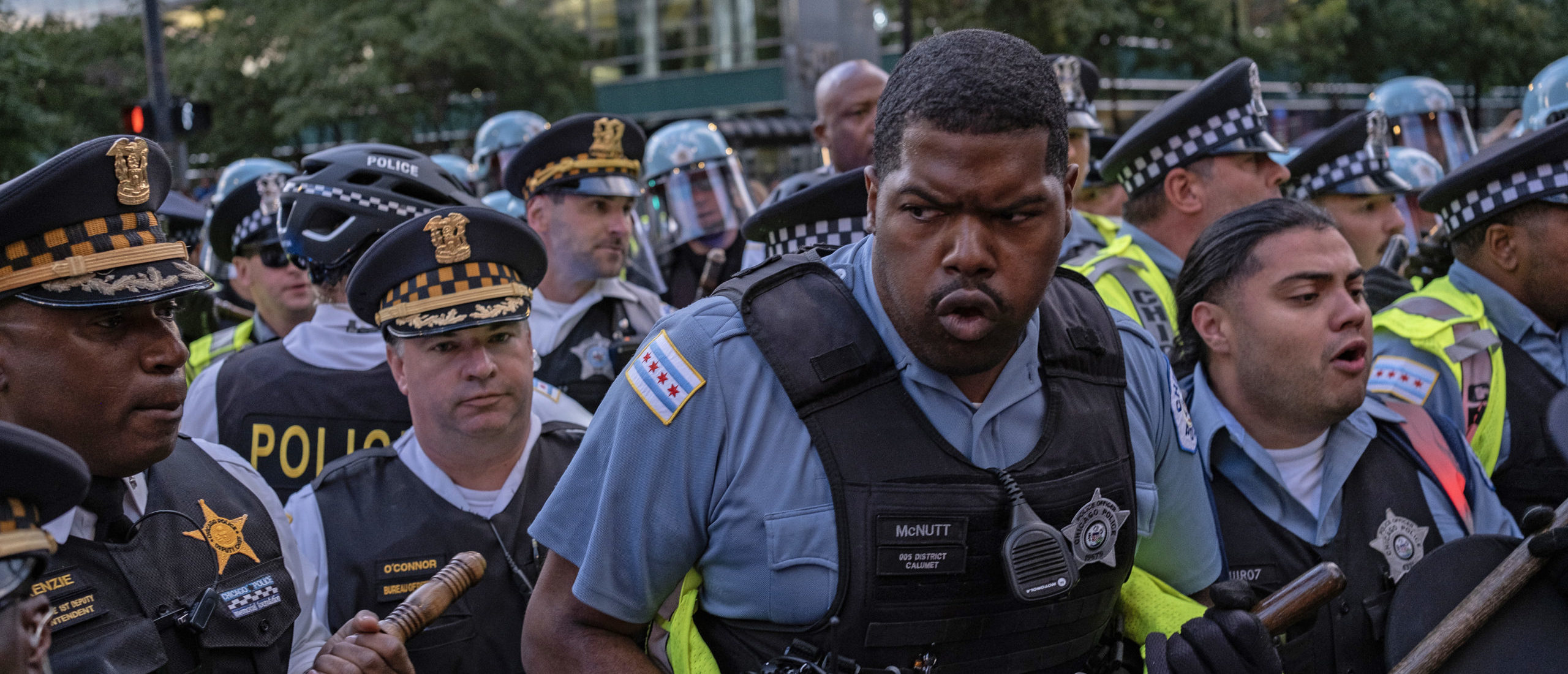 Police clash with Pro-Palestine protesters demonstrating near the Consulate General of Israel during the second day of the Democratic National Convention on August 20, 2024 in Chicago, Illinois. Protesters clashed with police resulting in multiple people taken into police custody. (Photo by Jim Vondruska/Getty Images)