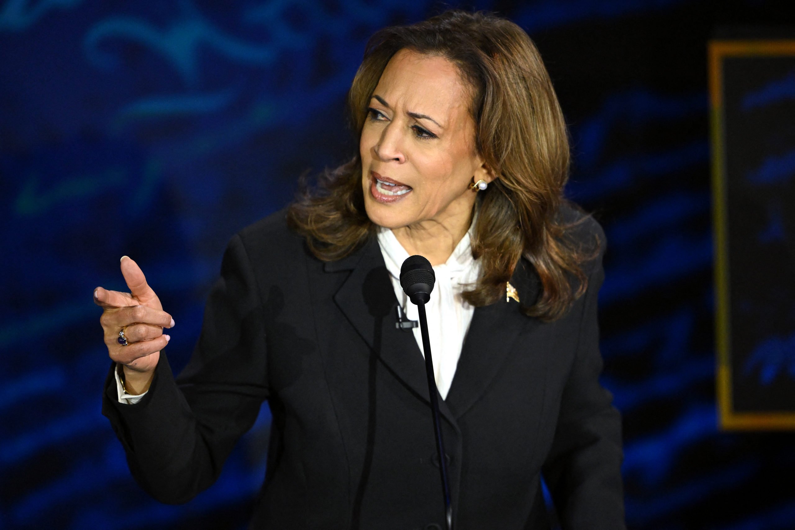 US Vice President and Democratic presidential candidate Kamala Harris speaks during a presidential debate with former US President and Republican presidential candidate Donald Trump at the National Constitution Center in Philadelphia, Pennsylvania, on September 10, 2024. (Photo by SAUL LOEB/AFP via Getty Images)