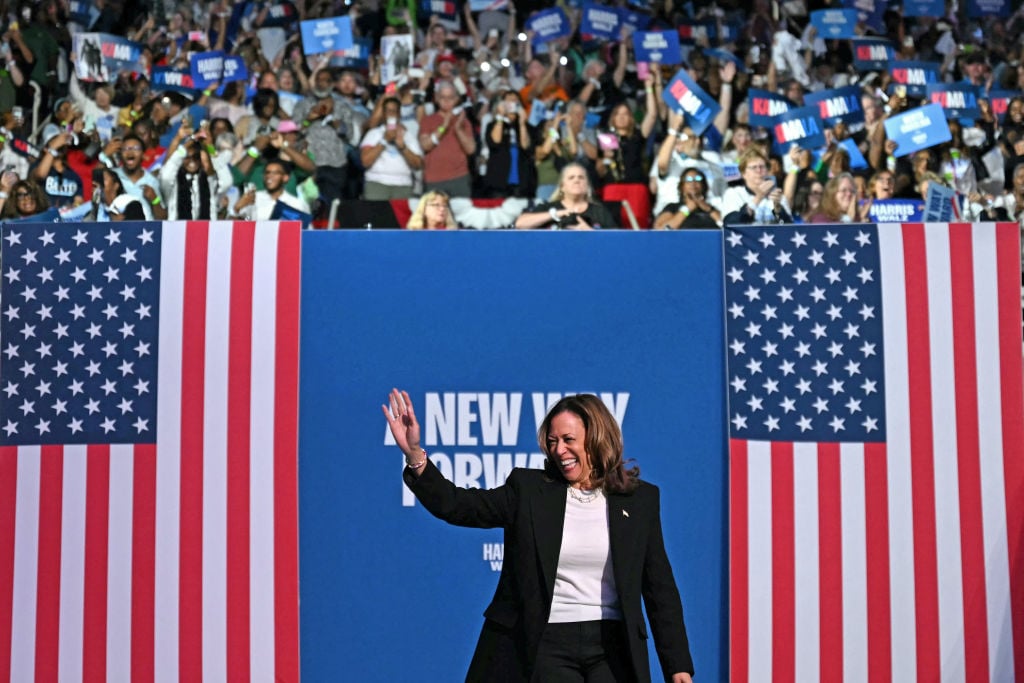 TOPSHOT - US Vice President and Democratic presidential candidate Kamala Harris arrives to speak at a campaign rally at the Bojangles Coliseum in Charlotte, North Carolina, on September 12, 2024. (Photo by Jim WATSON / AFP) (Photo by JIM WATSON/AFP via Getty Images)