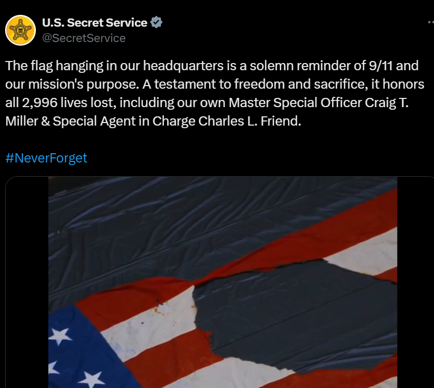 A Secret Service social media post which appears to honor all 2,996 lives lost on 9/11, a number that includes the 19 al-Qaeda terrorists. Screenshot/X/SecretService 